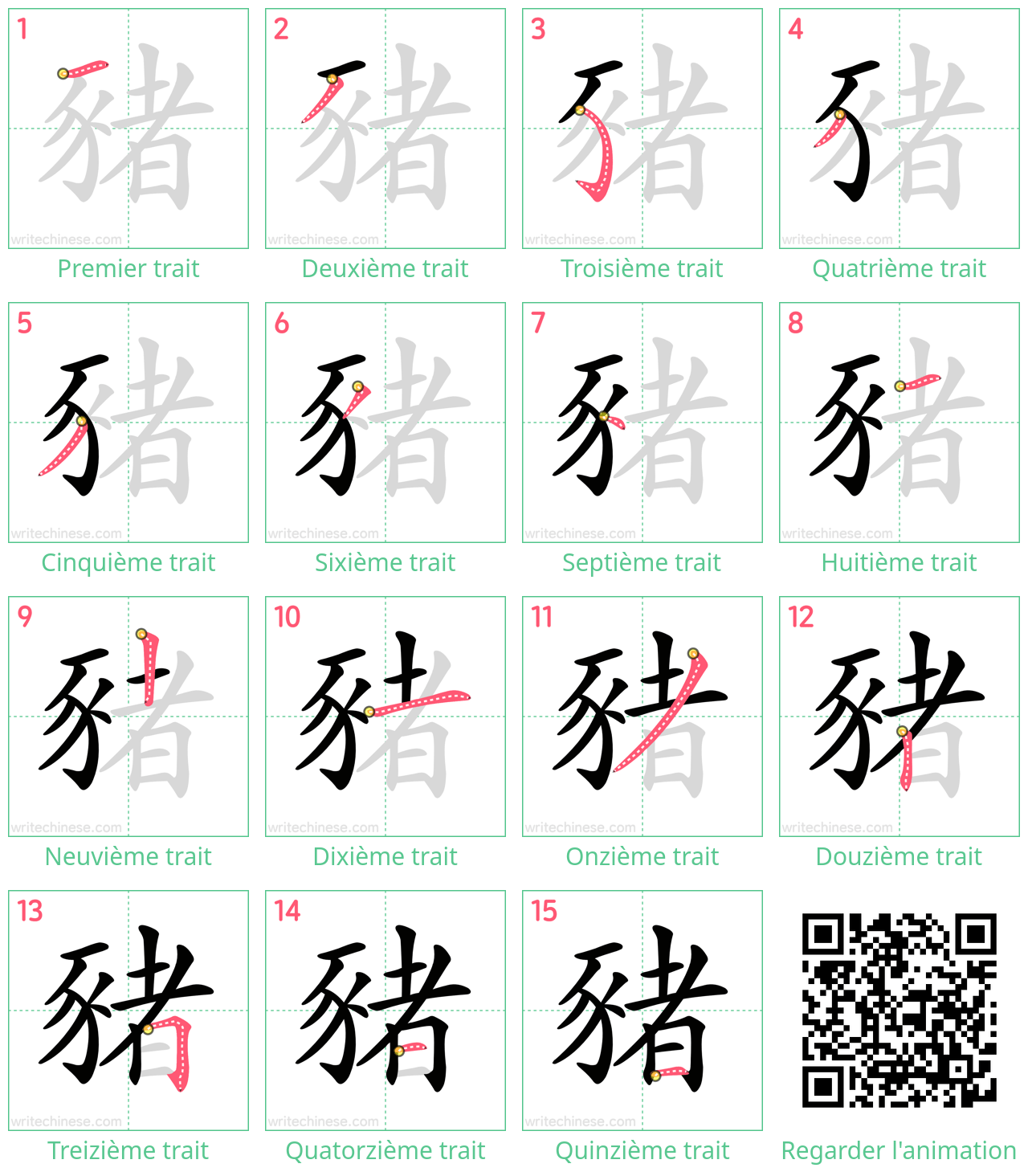 Diagrammes d'ordre des traits étape par étape pour le caractère 豬