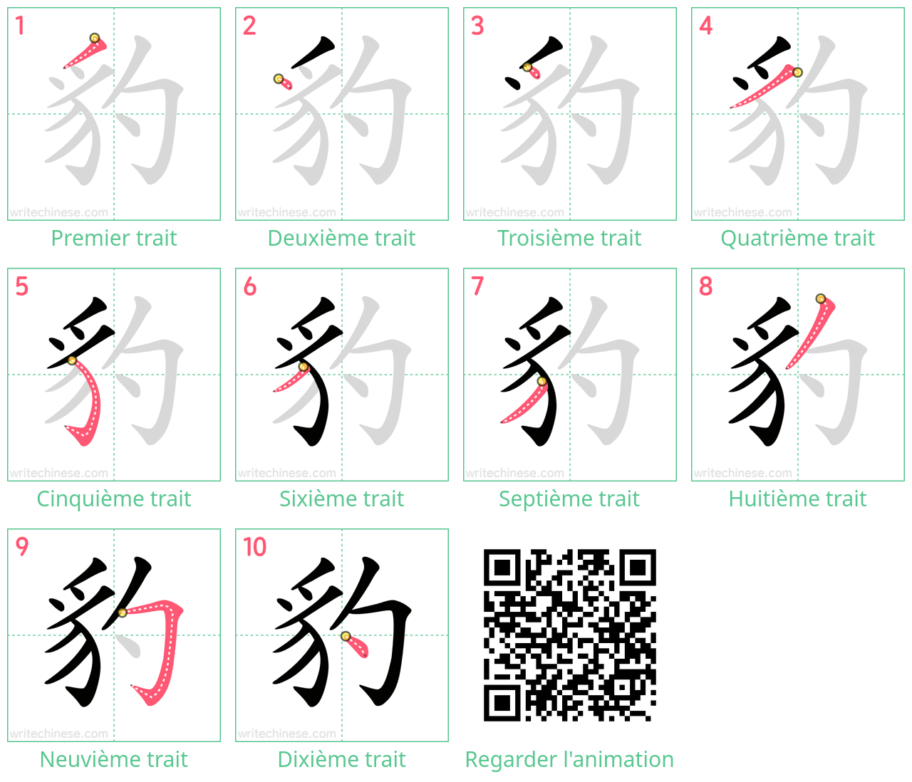 Diagrammes d'ordre des traits étape par étape pour le caractère 豹