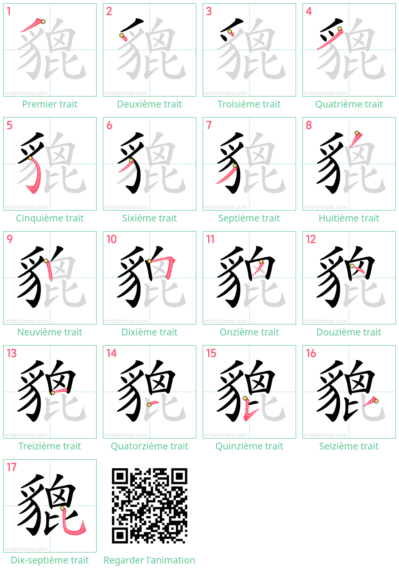 Diagrammes d'ordre des traits étape par étape pour le caractère 貔