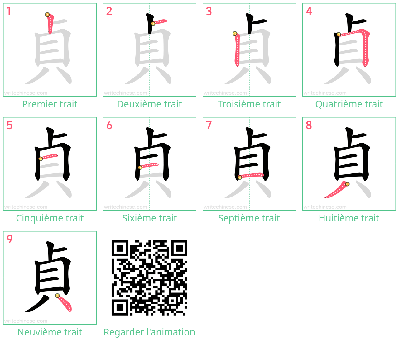 Diagrammes d'ordre des traits étape par étape pour le caractère 貞