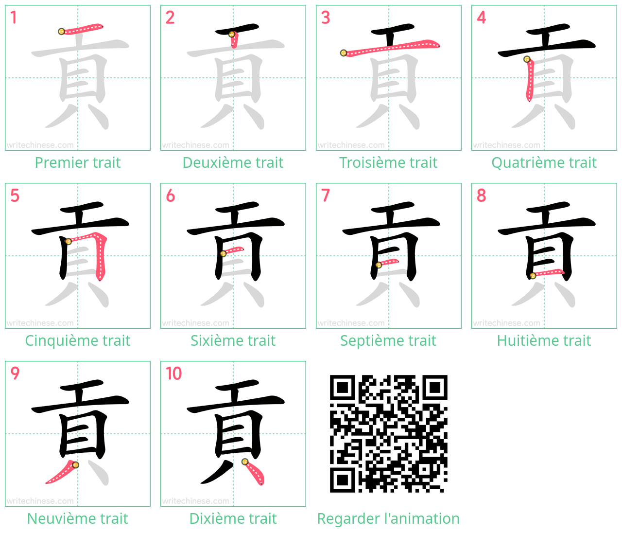 Diagrammes d'ordre des traits étape par étape pour le caractère 貢