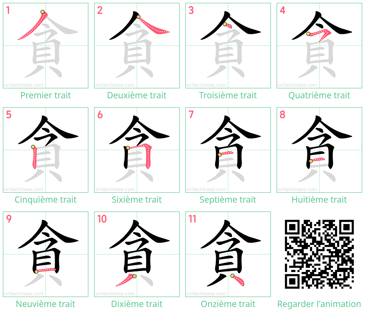 Diagrammes d'ordre des traits étape par étape pour le caractère 貪