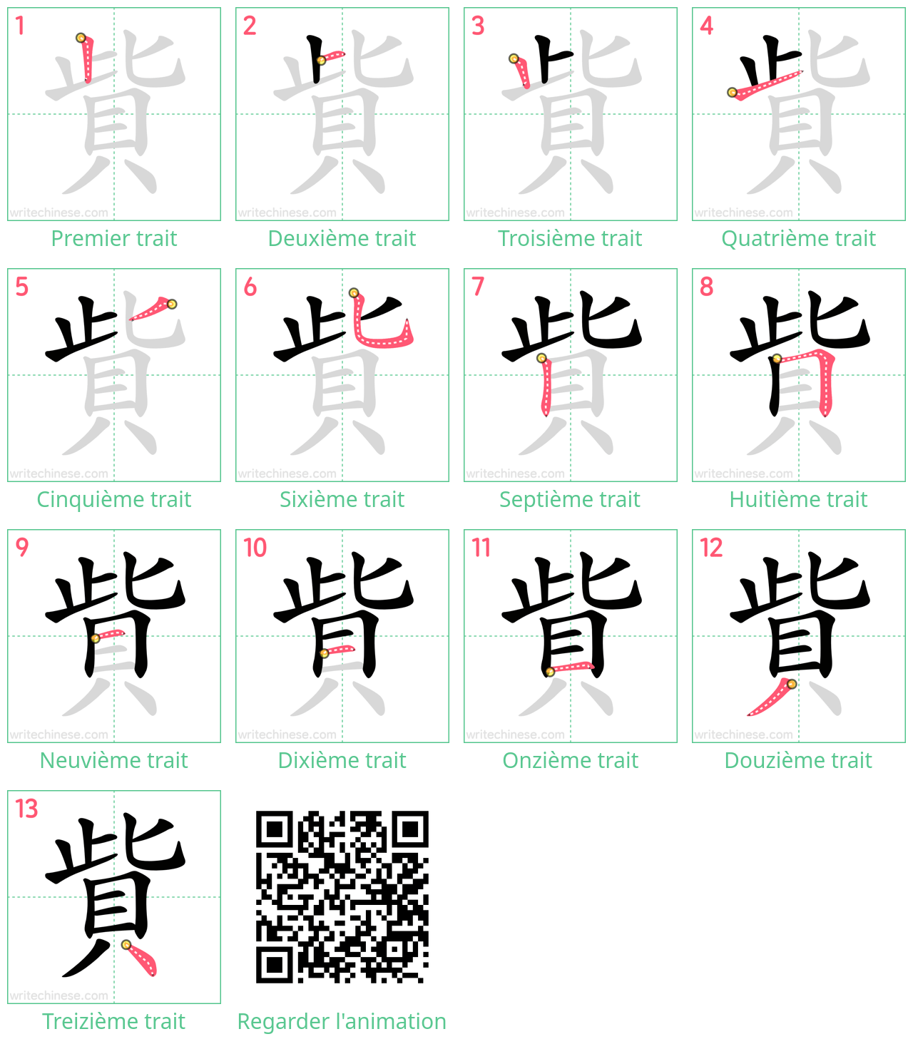 Diagrammes d'ordre des traits étape par étape pour le caractère 貲