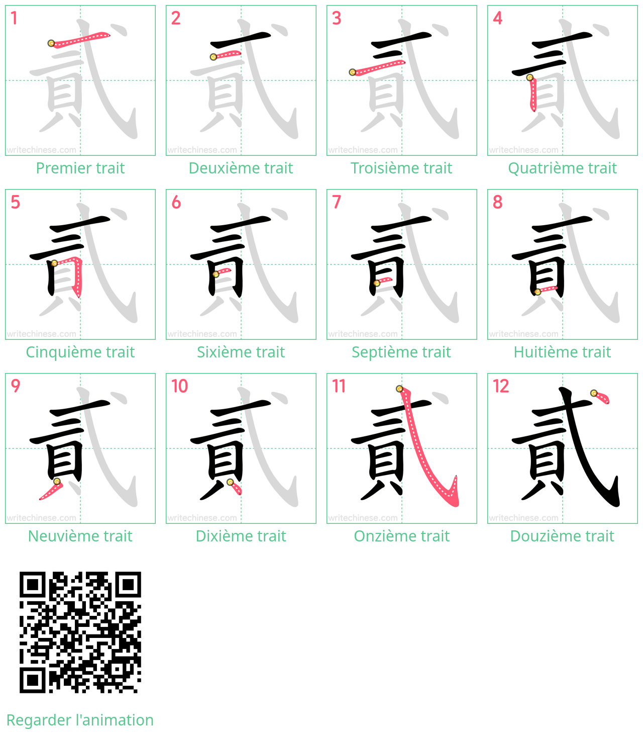 Diagrammes d'ordre des traits étape par étape pour le caractère 貳