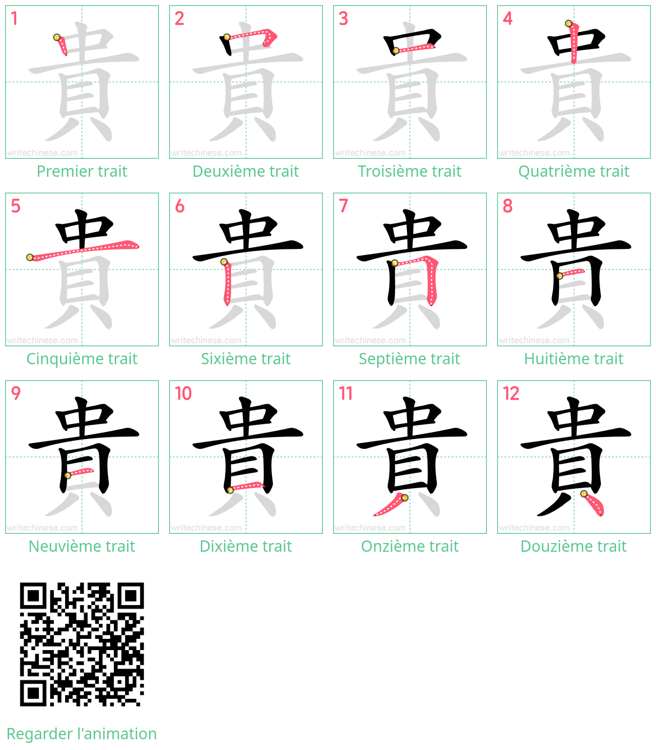 Diagrammes d'ordre des traits étape par étape pour le caractère 貴