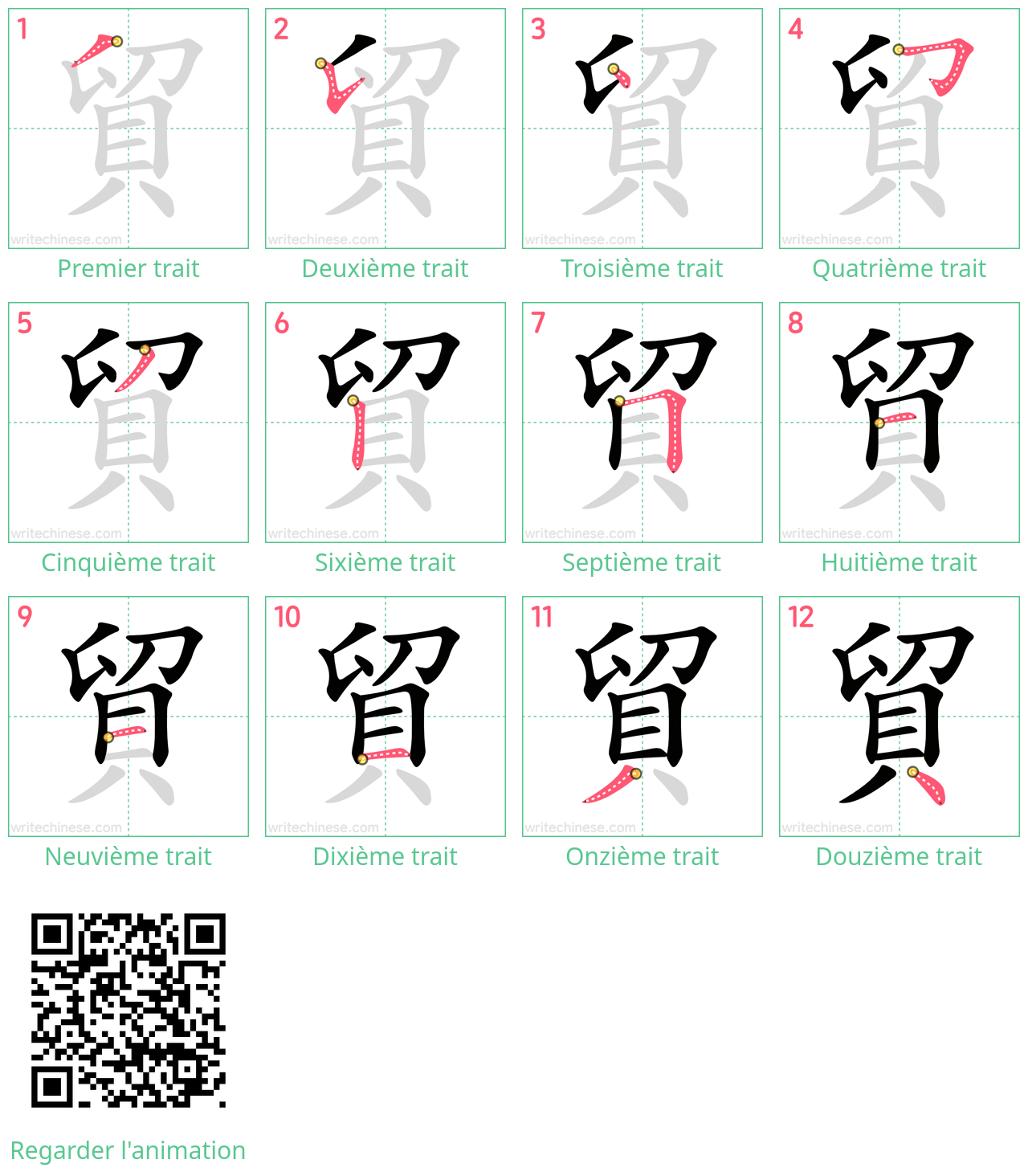 Diagrammes d'ordre des traits étape par étape pour le caractère 貿