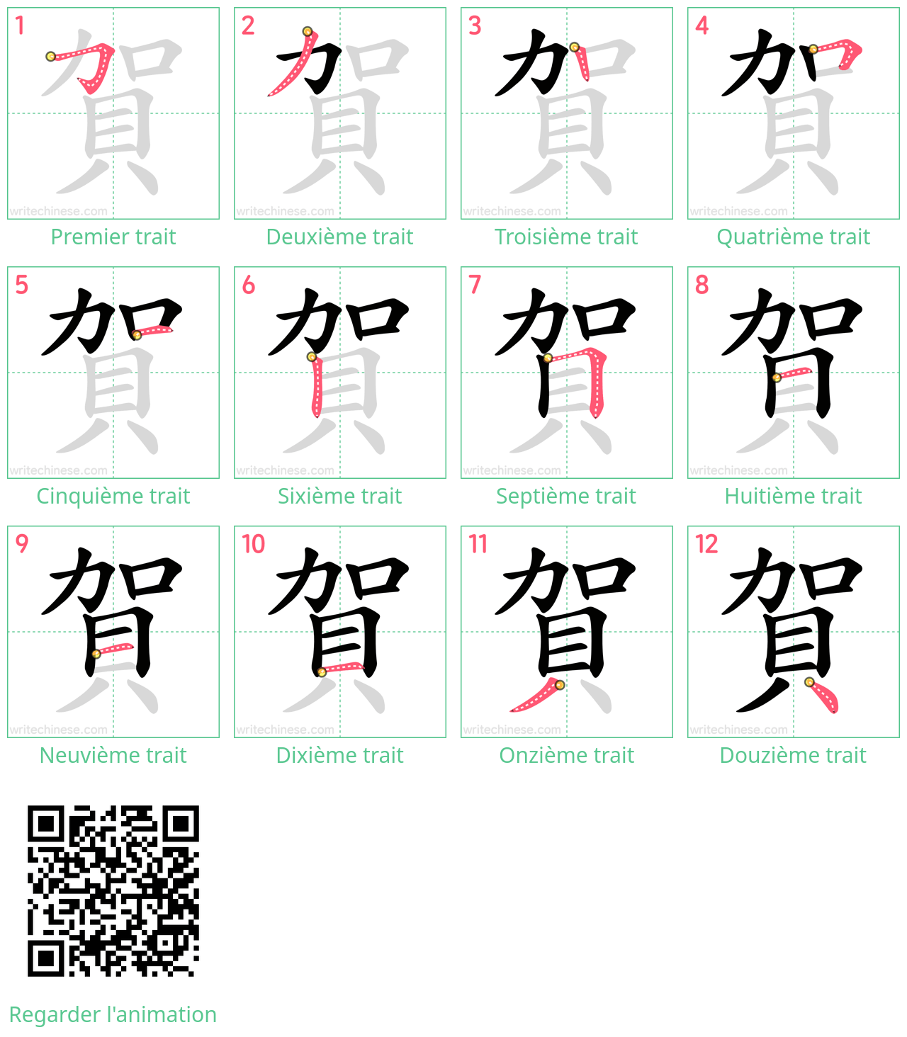 Diagrammes d'ordre des traits étape par étape pour le caractère 賀