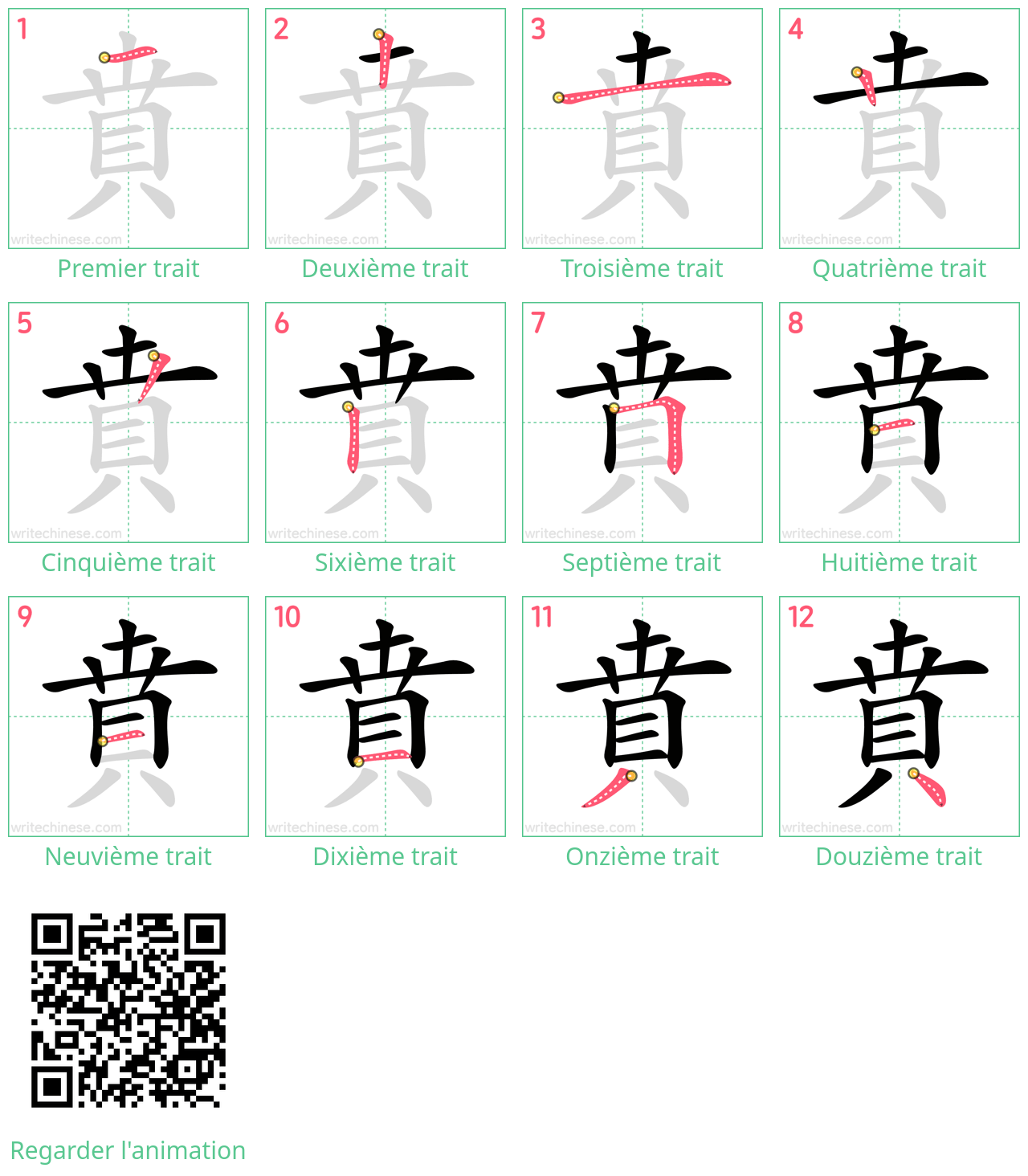 Diagrammes d'ordre des traits étape par étape pour le caractère 賁