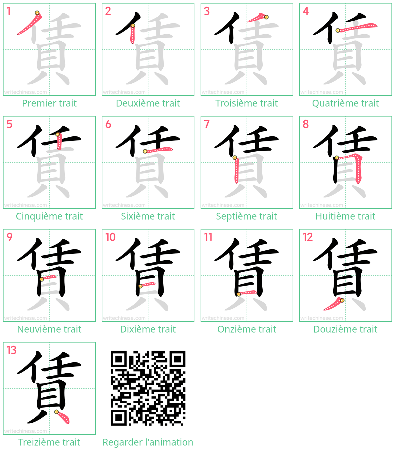 Diagrammes d'ordre des traits étape par étape pour le caractère 賃