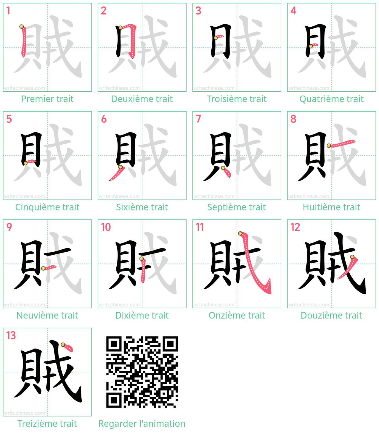 Diagrammes d'ordre des traits étape par étape pour le caractère 賊