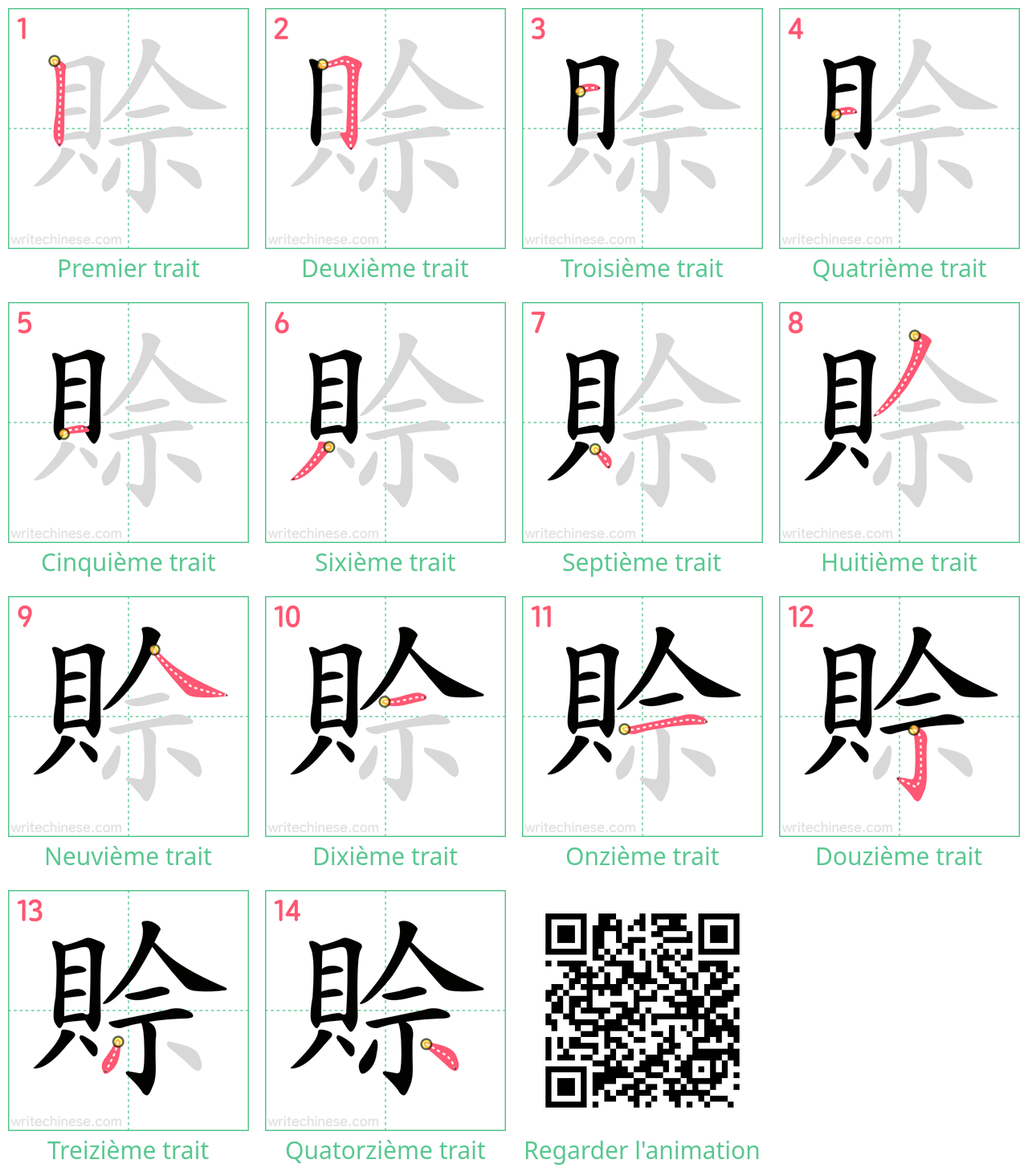 Diagrammes d'ordre des traits étape par étape pour le caractère 賒