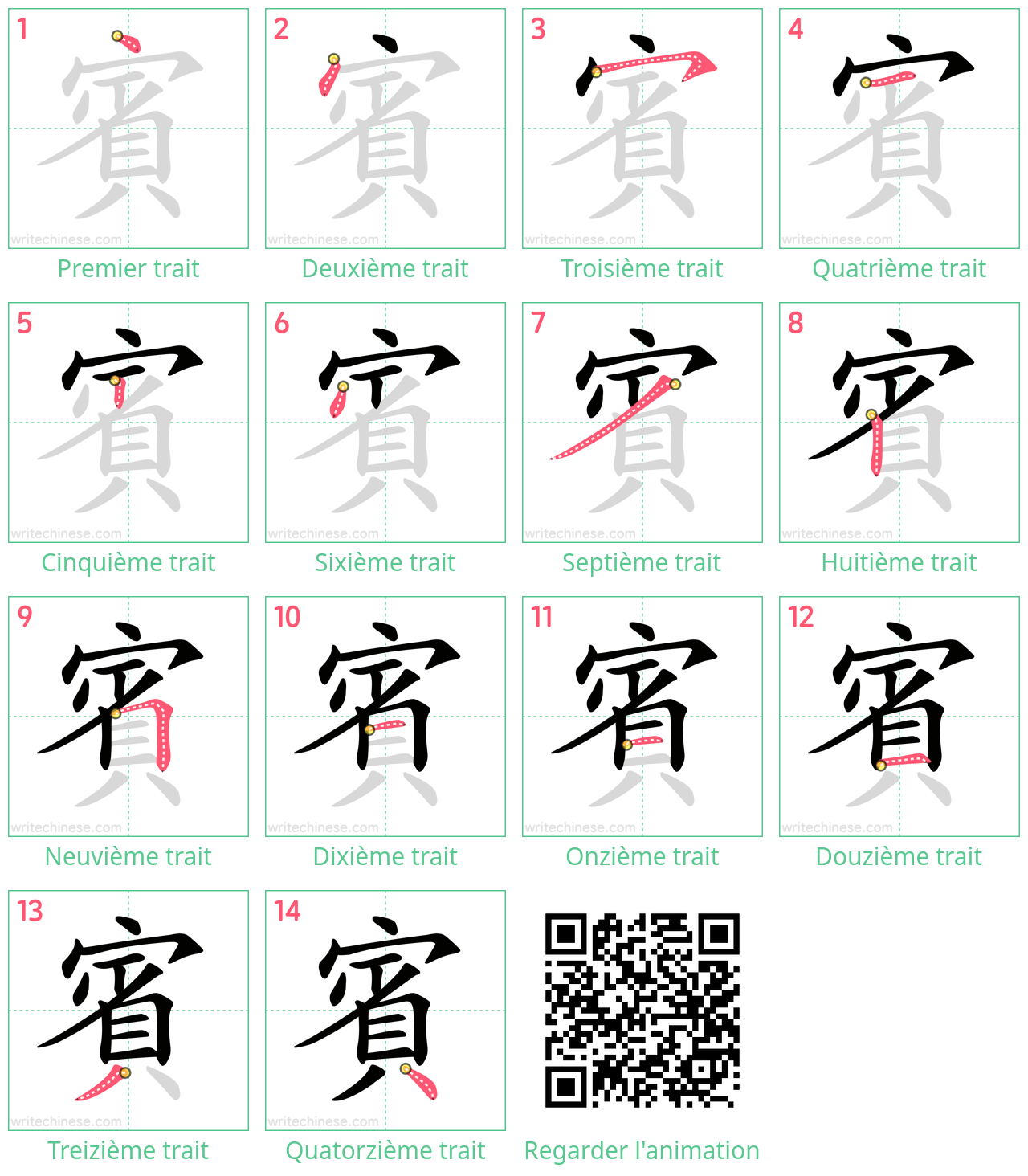 Diagrammes d'ordre des traits étape par étape pour le caractère 賓