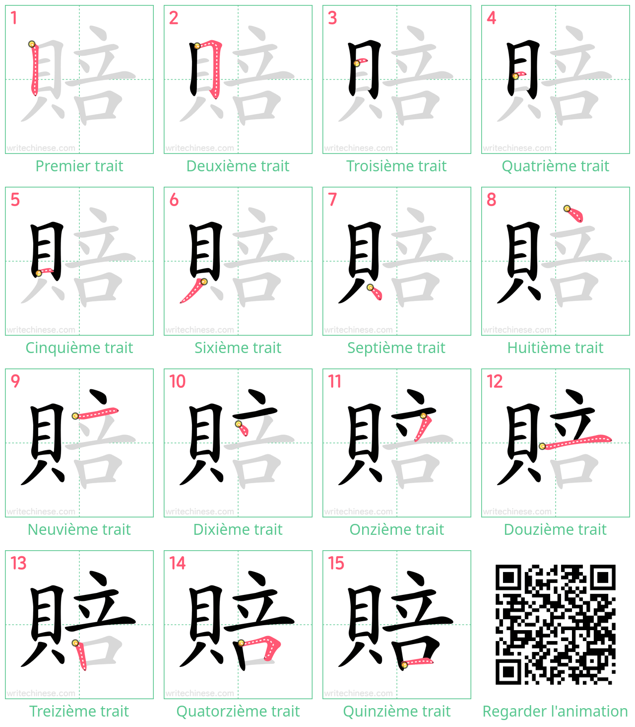 Diagrammes d'ordre des traits étape par étape pour le caractère 賠