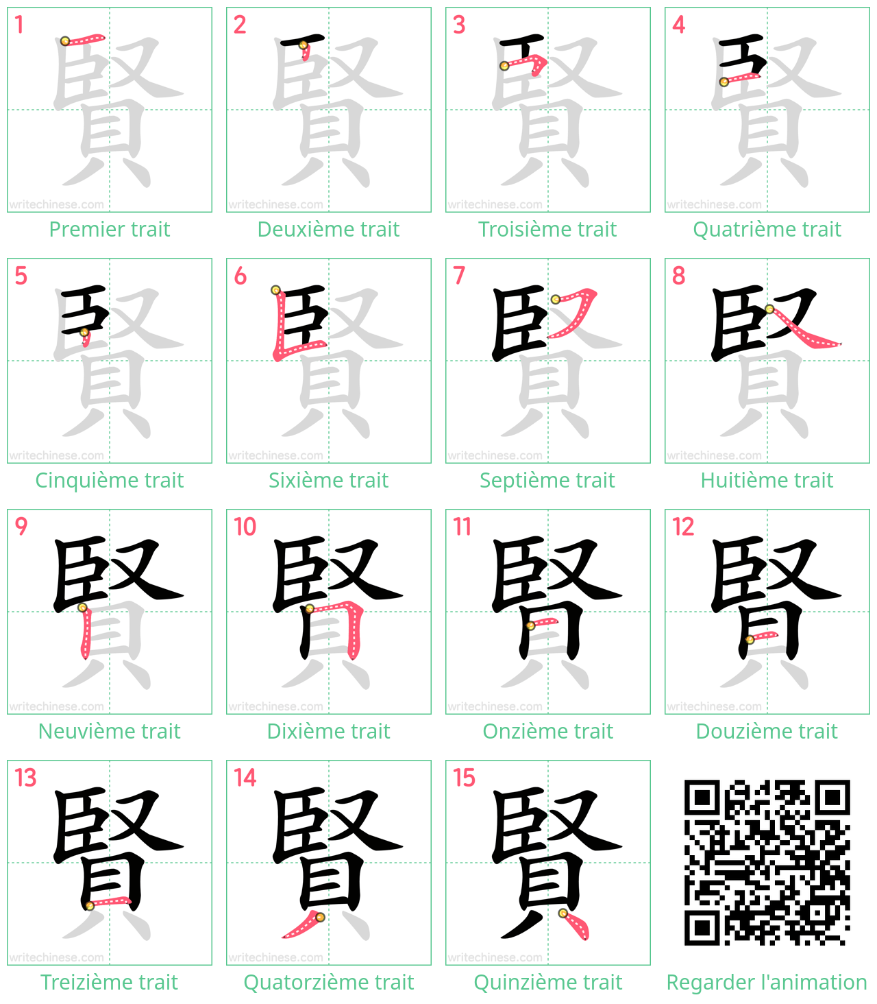Diagrammes d'ordre des traits étape par étape pour le caractère 賢
