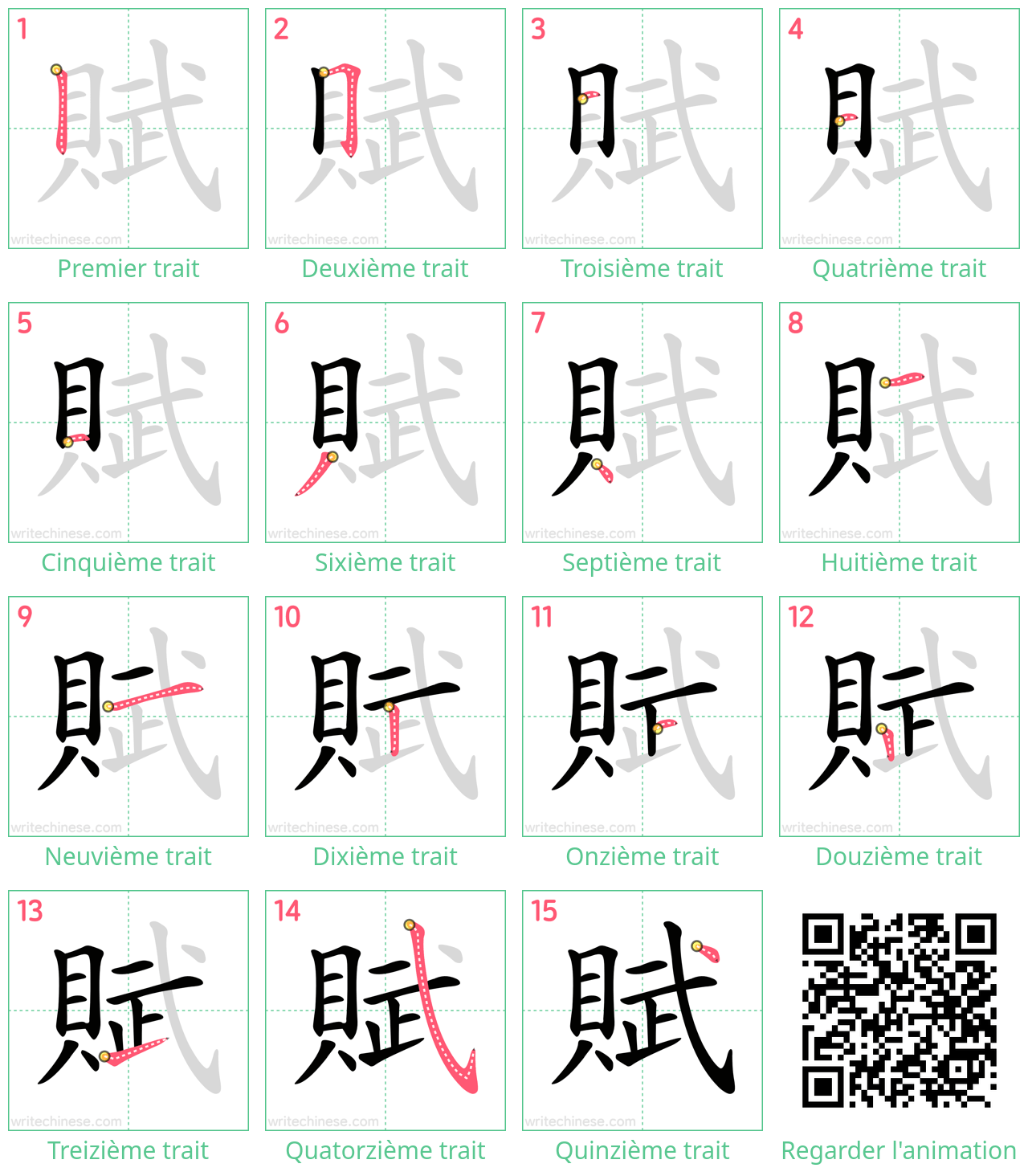 Diagrammes d'ordre des traits étape par étape pour le caractère 賦