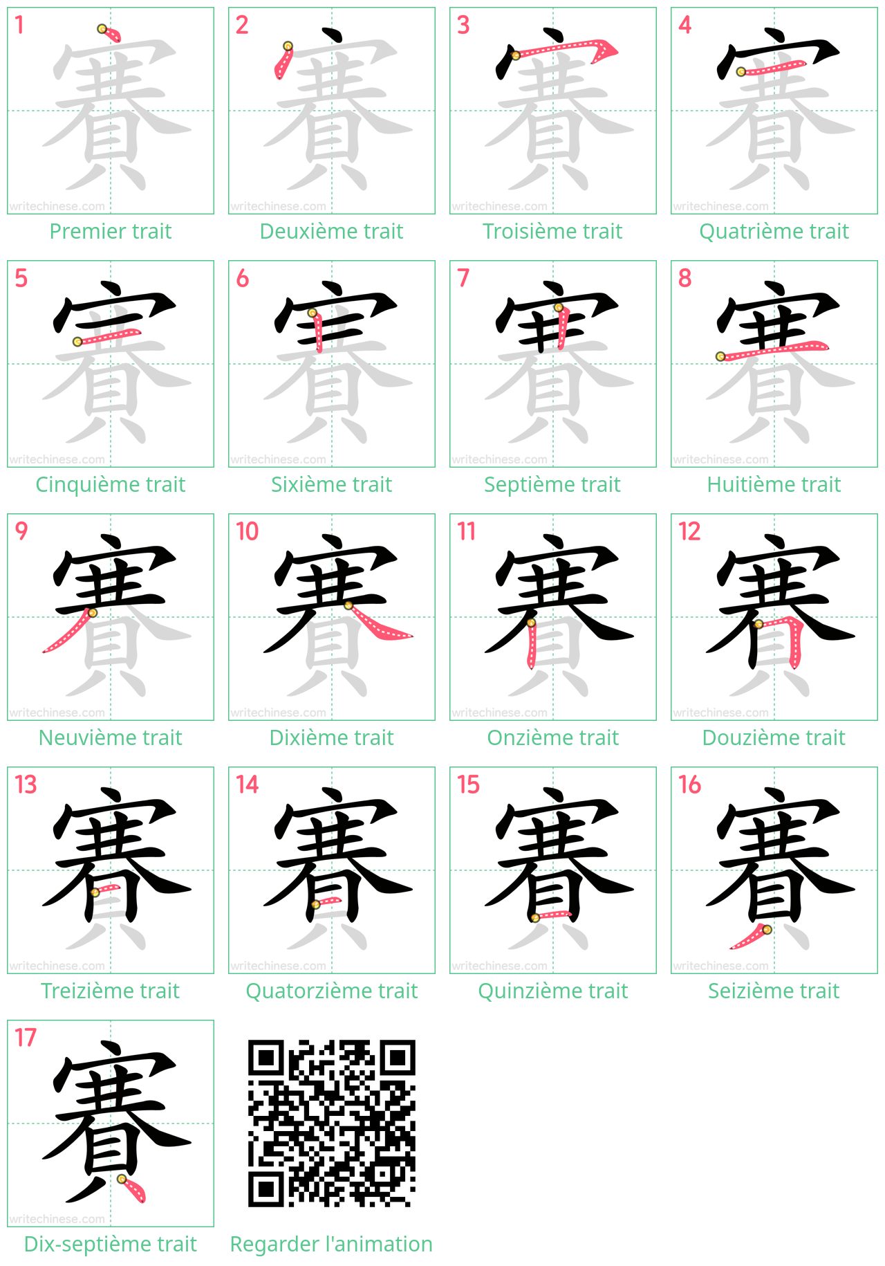 Diagrammes d'ordre des traits étape par étape pour le caractère 賽