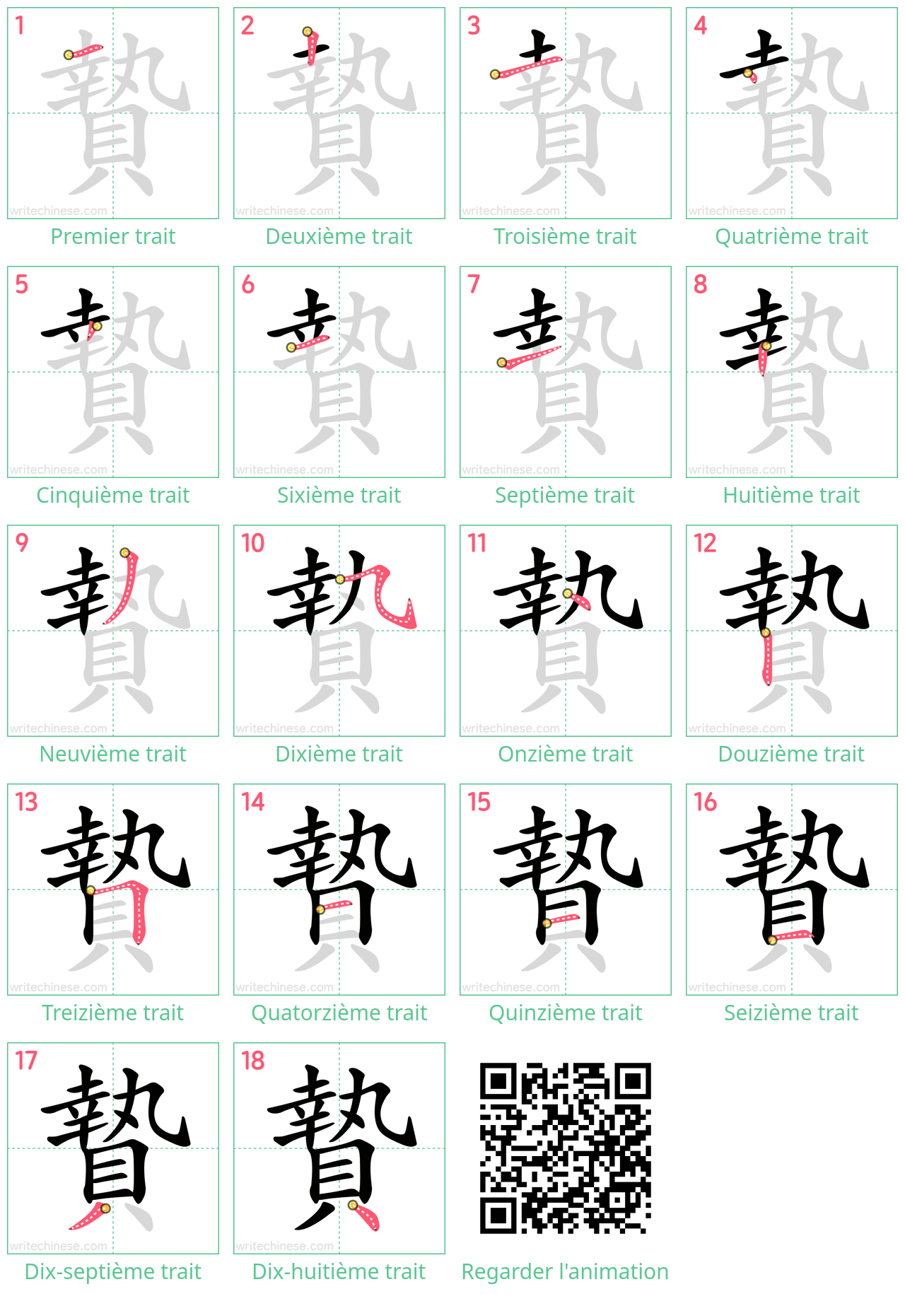 Diagrammes d'ordre des traits étape par étape pour le caractère 贄