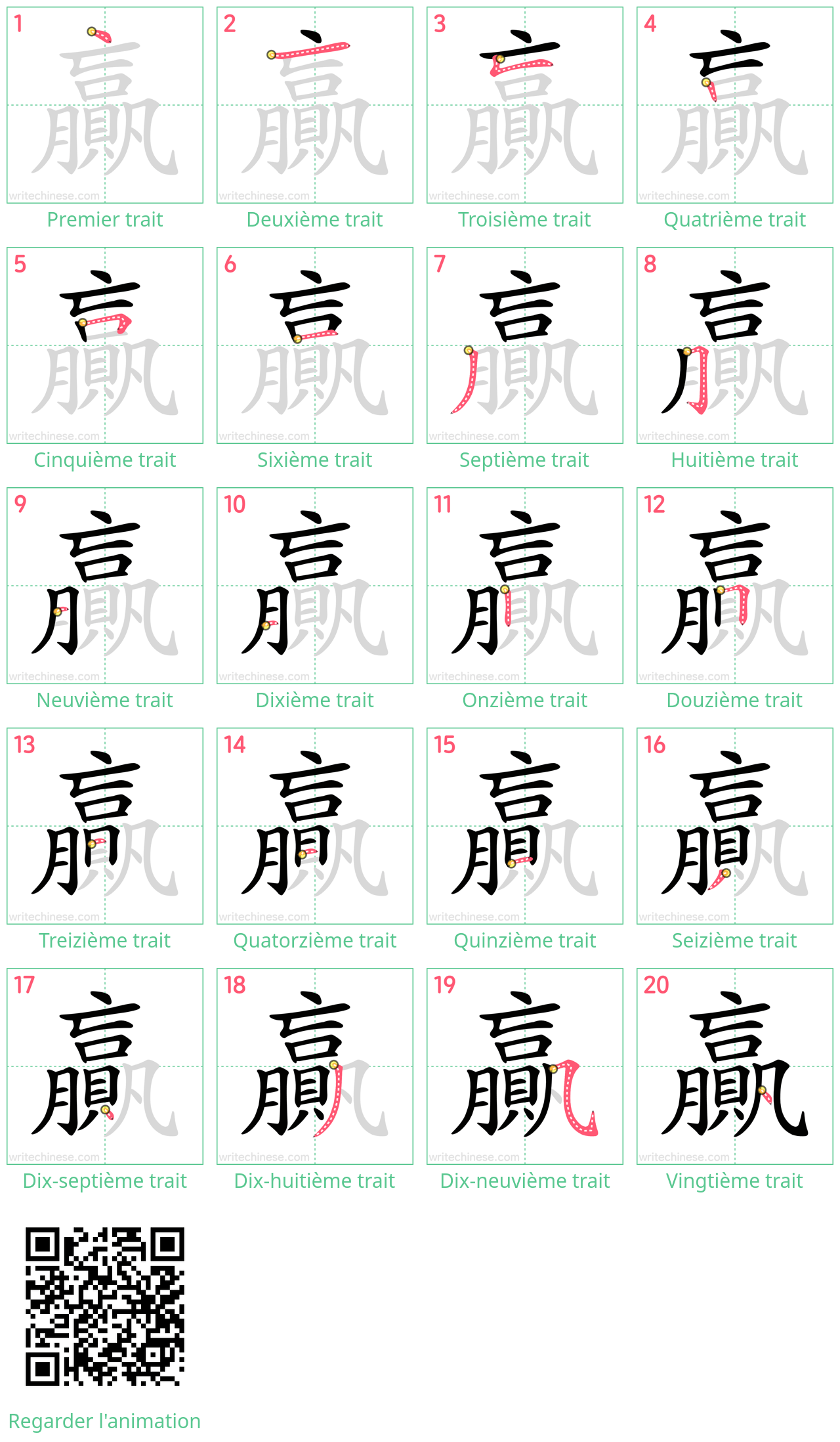 Diagrammes d'ordre des traits étape par étape pour le caractère 贏