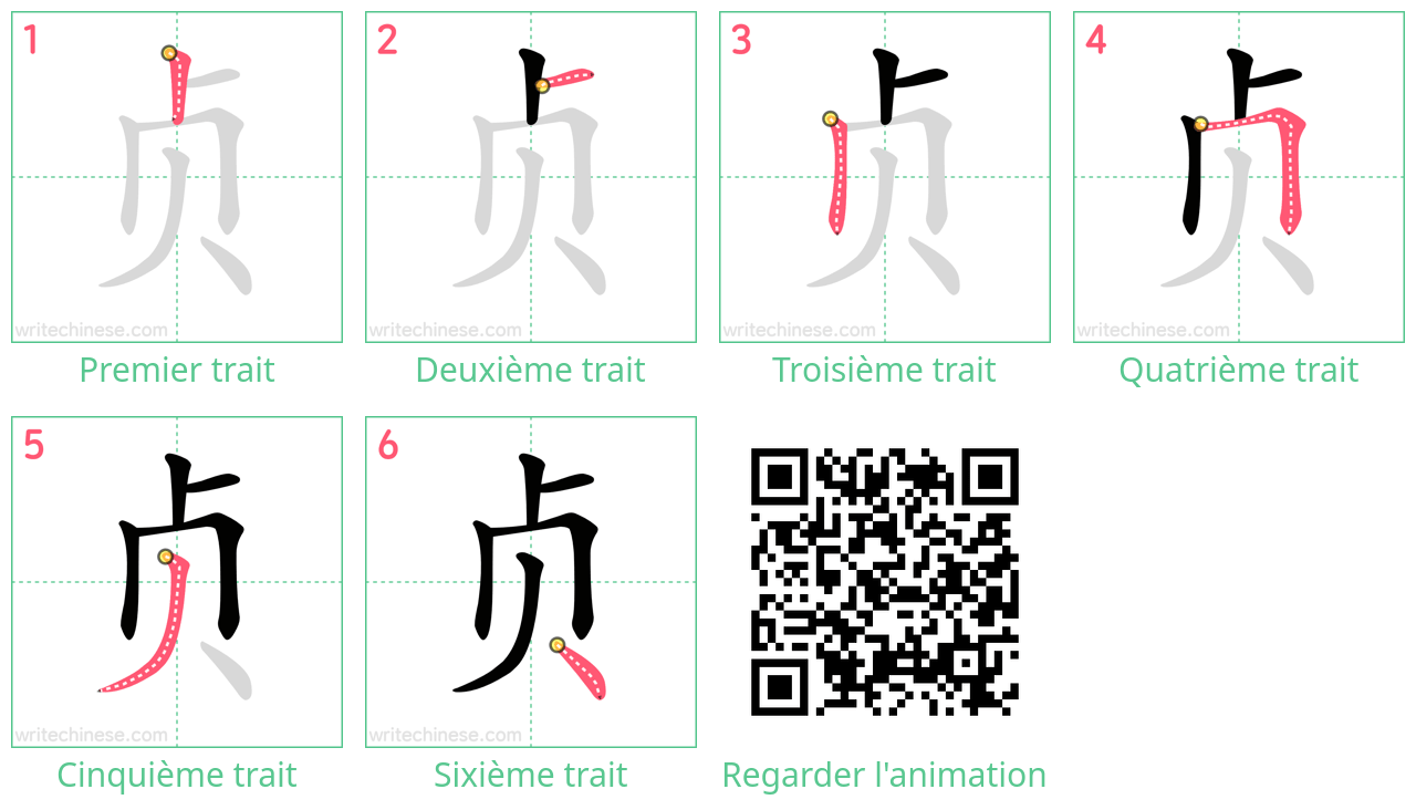 Diagrammes d'ordre des traits étape par étape pour le caractère 贞