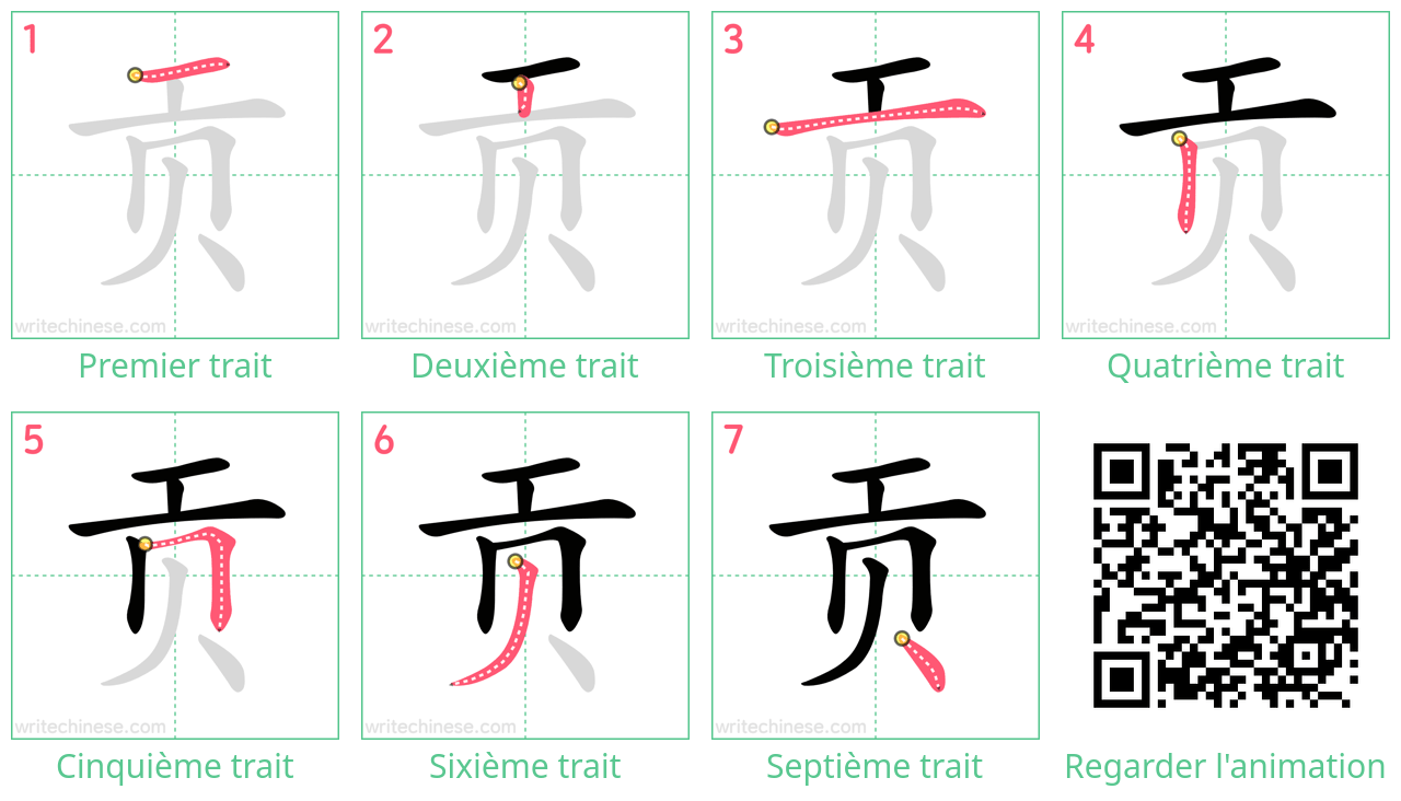 Diagrammes d'ordre des traits étape par étape pour le caractère 贡