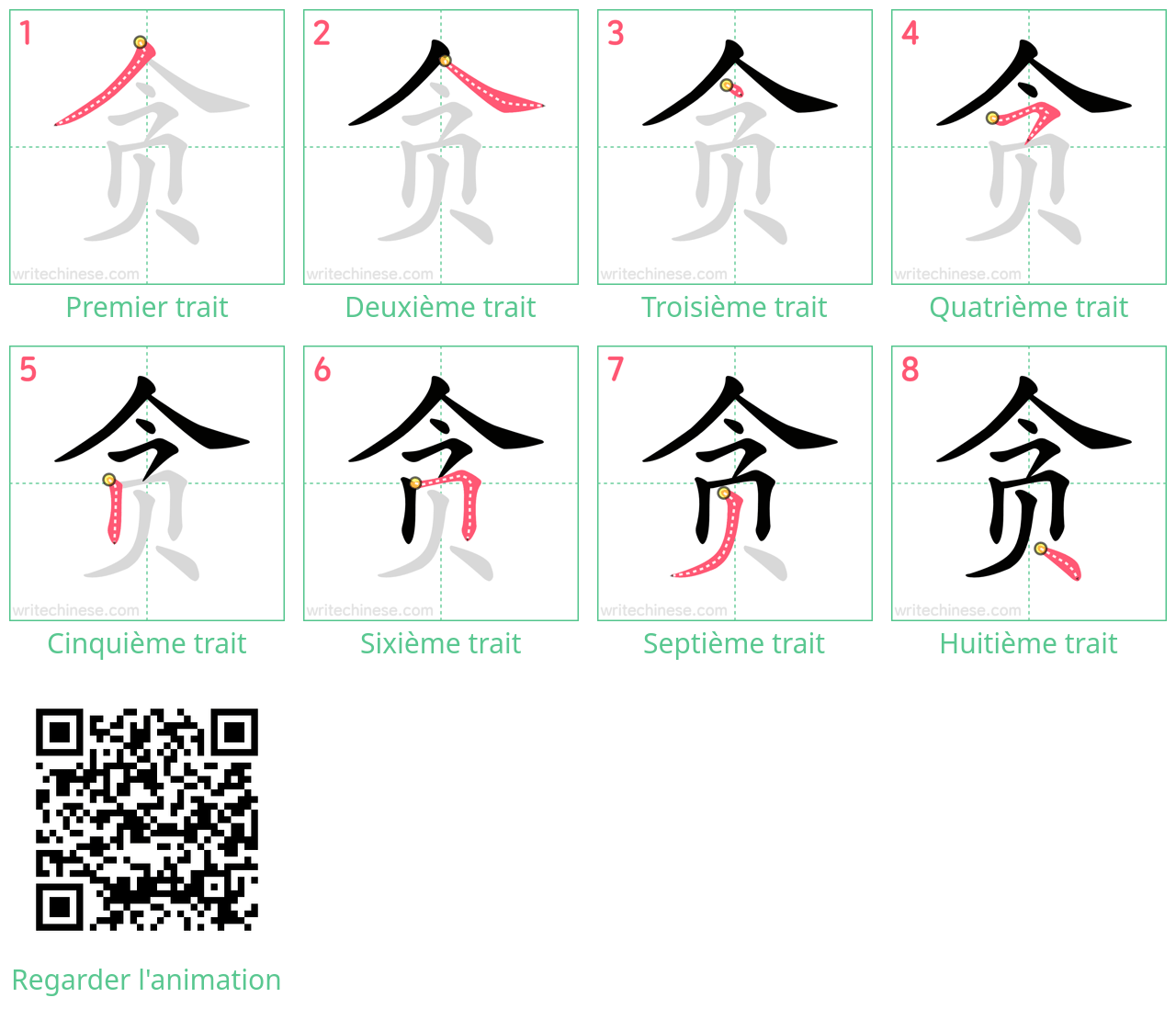 Diagrammes d'ordre des traits étape par étape pour le caractère 贪