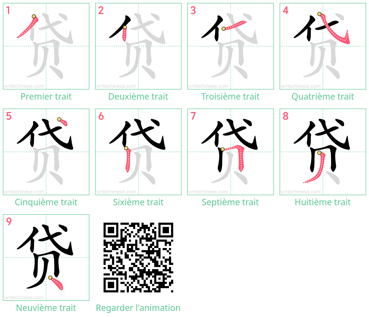 Diagrammes d'ordre des traits étape par étape pour le caractère 贷