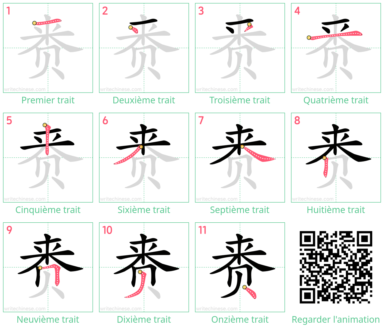 Diagrammes d'ordre des traits étape par étape pour le caractère 赉