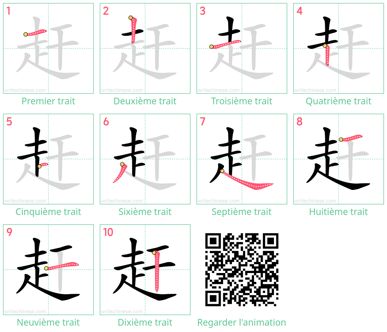 Diagrammes d'ordre des traits étape par étape pour le caractère 赶