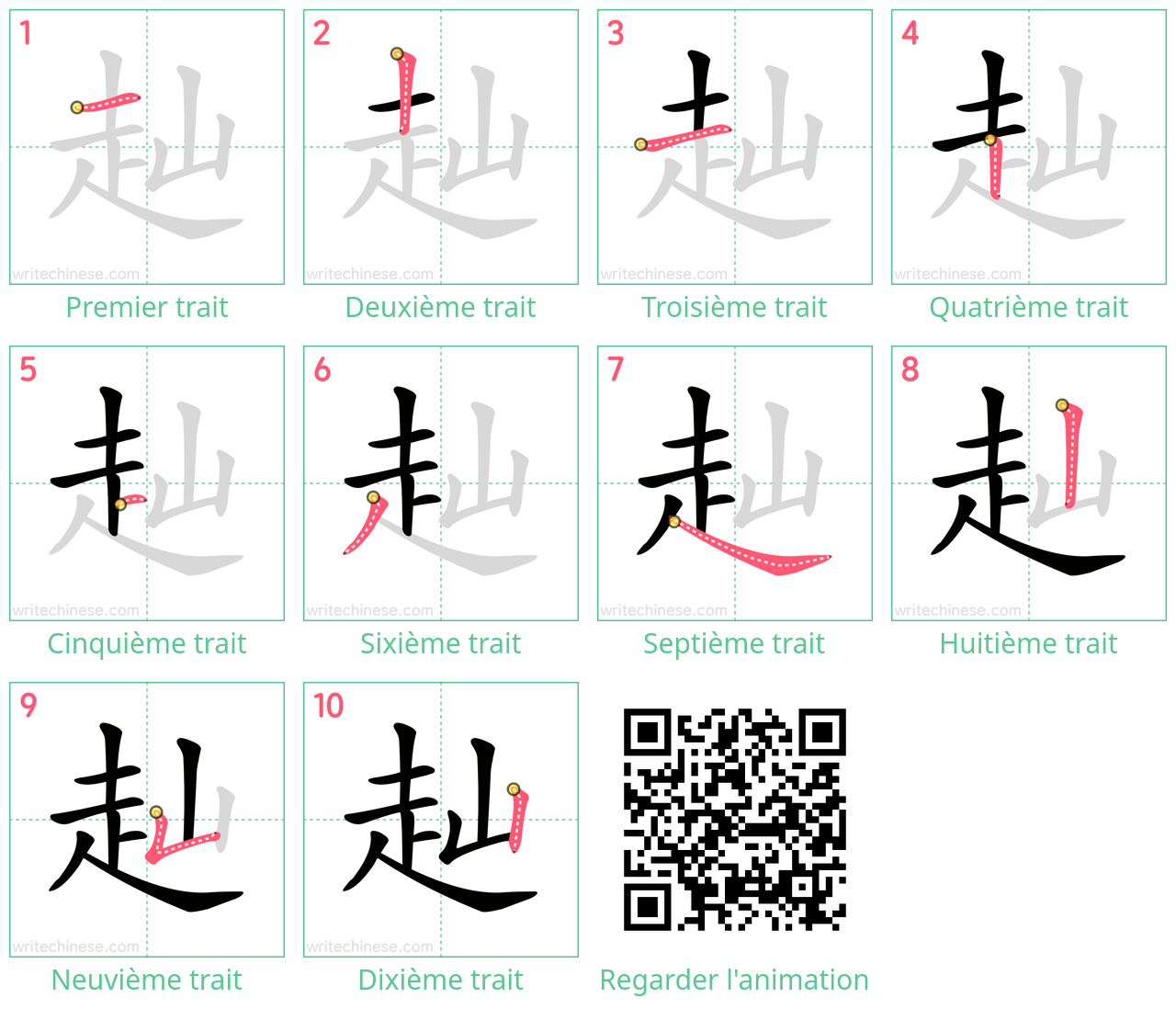 Diagrammes d'ordre des traits étape par étape pour le caractère 赸