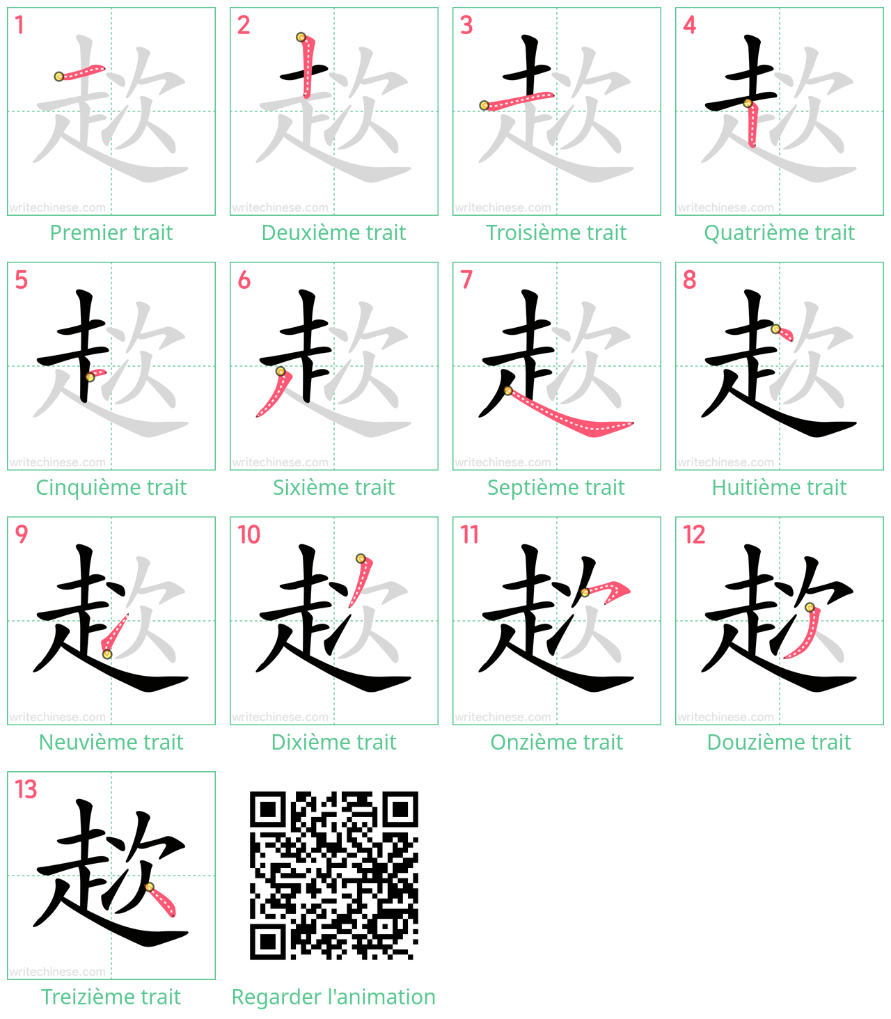 Diagrammes d'ordre des traits étape par étape pour le caractère 趑