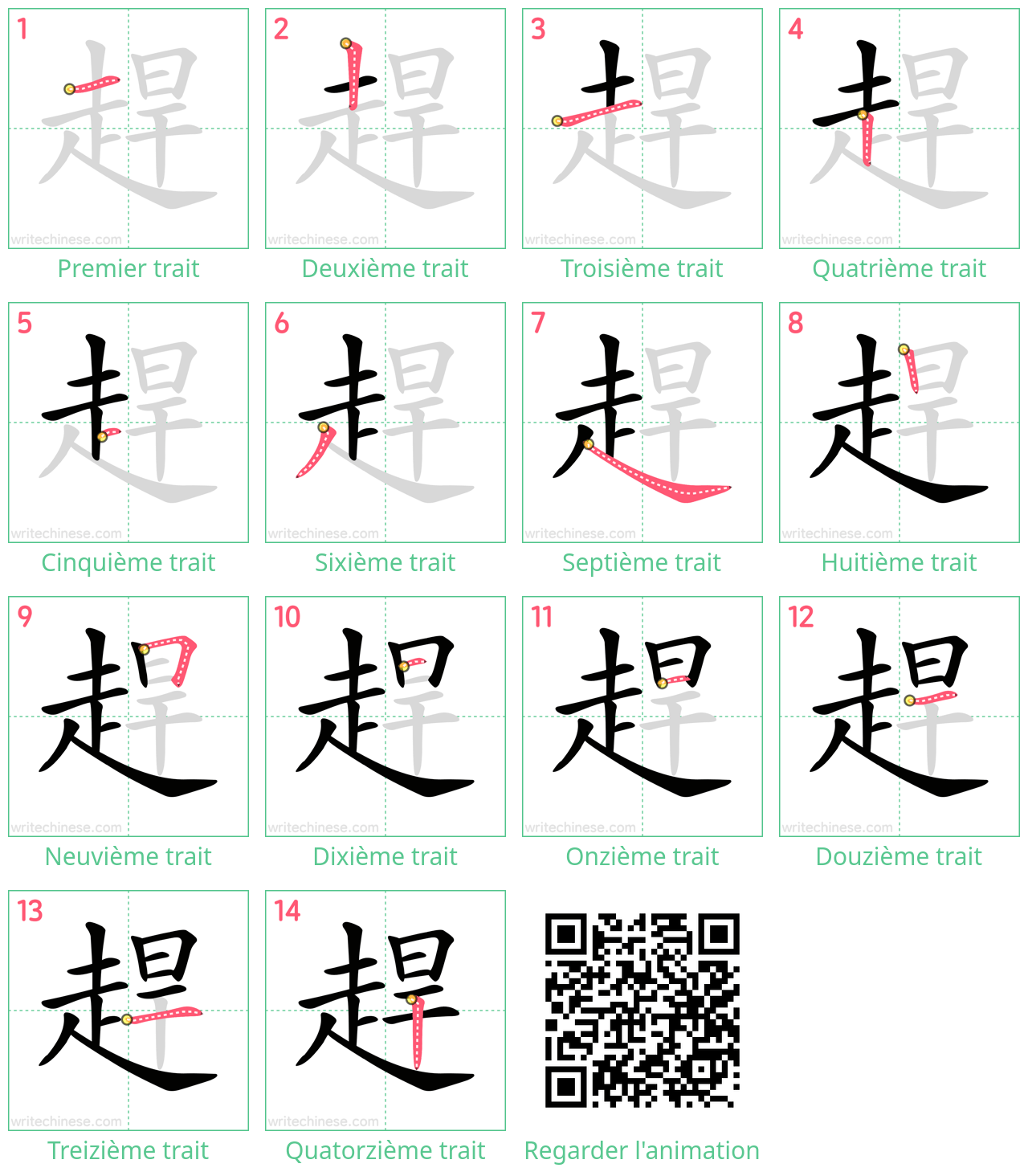 Diagrammes d'ordre des traits étape par étape pour le caractère 趕