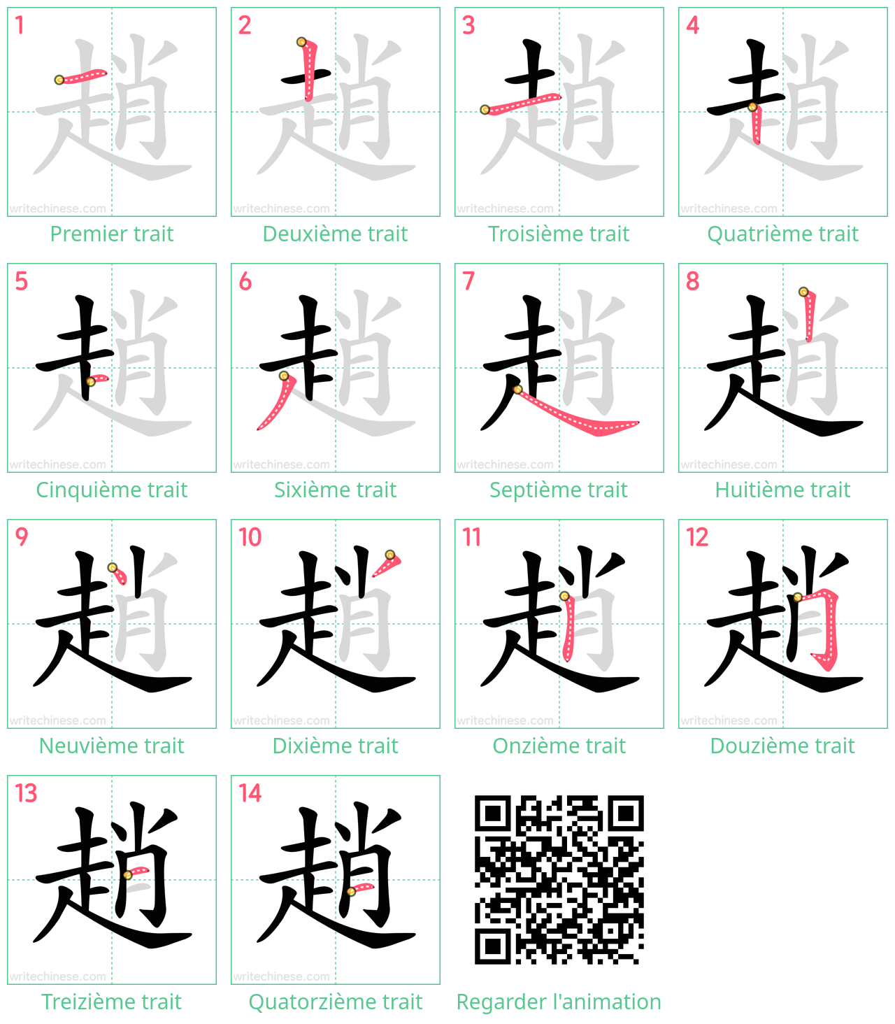 Diagrammes d'ordre des traits étape par étape pour le caractère 趙