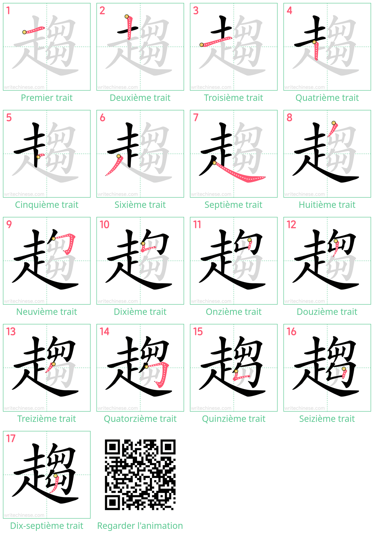 Diagrammes d'ordre des traits étape par étape pour le caractère 趨