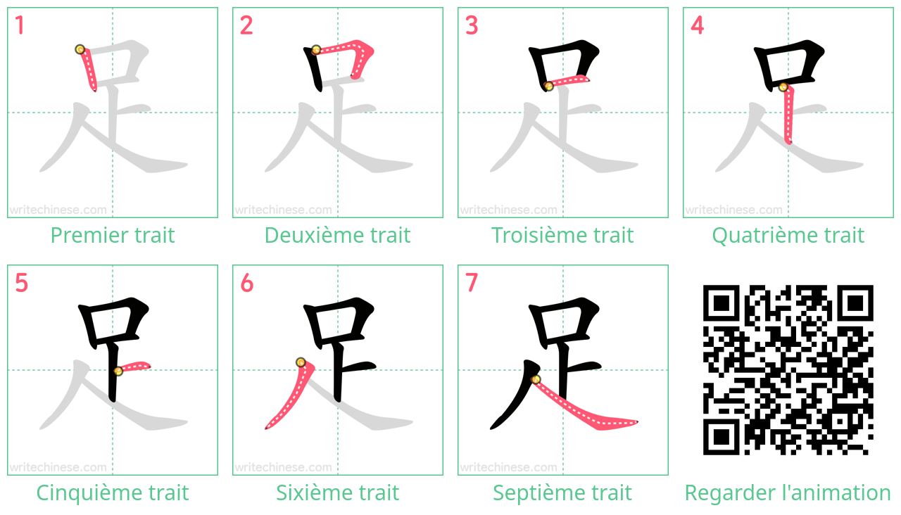 Diagrammes d'ordre des traits étape par étape pour le caractère 足