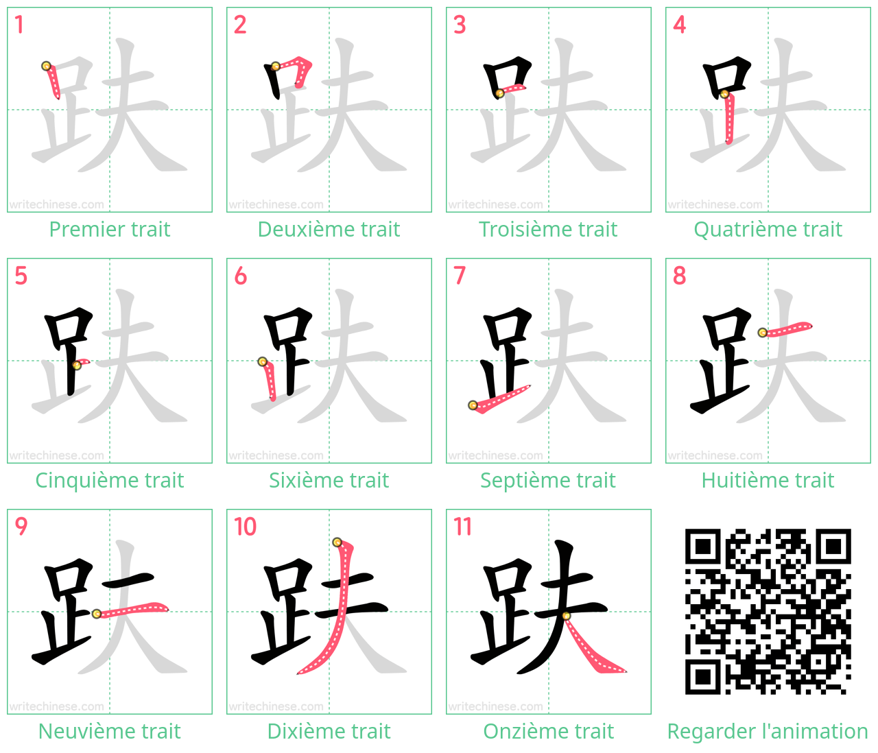 Diagrammes d'ordre des traits étape par étape pour le caractère 趺