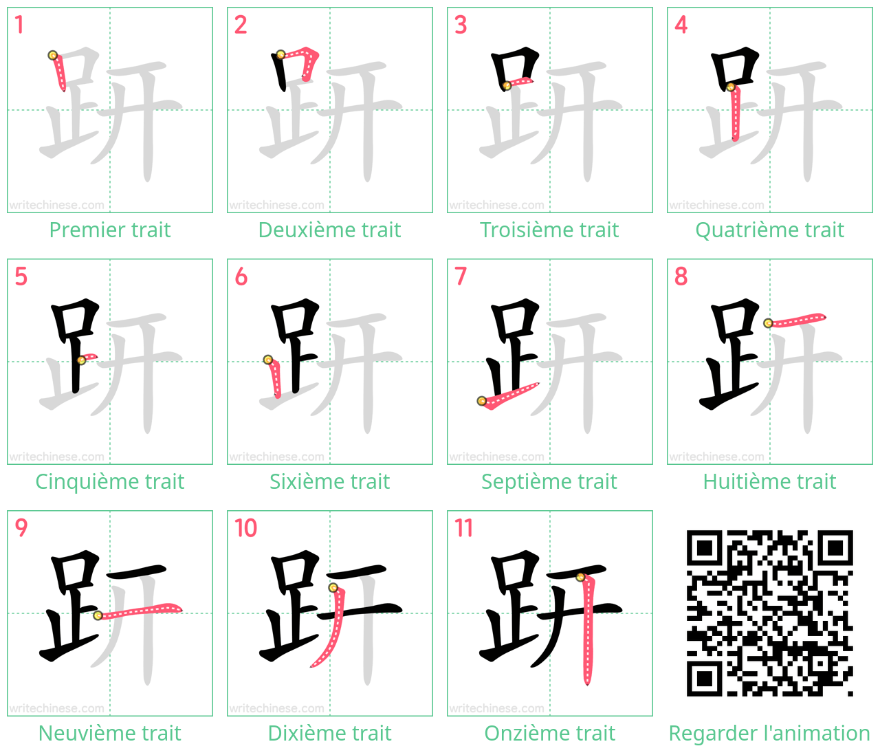 Diagrammes d'ordre des traits étape par étape pour le caractère 趼