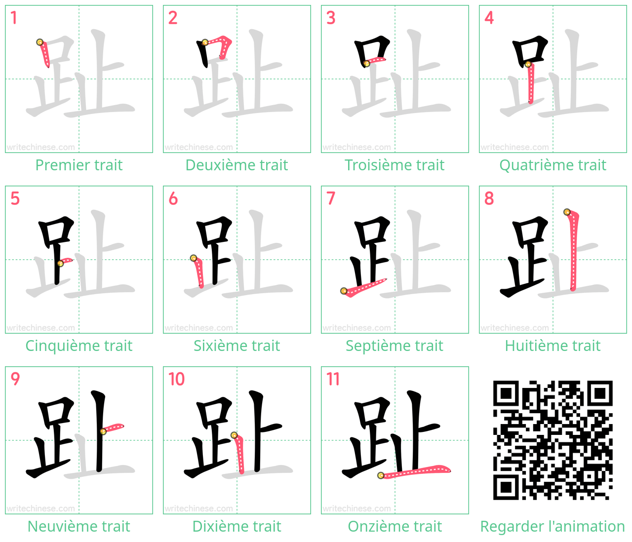 Diagrammes d'ordre des traits étape par étape pour le caractère 趾