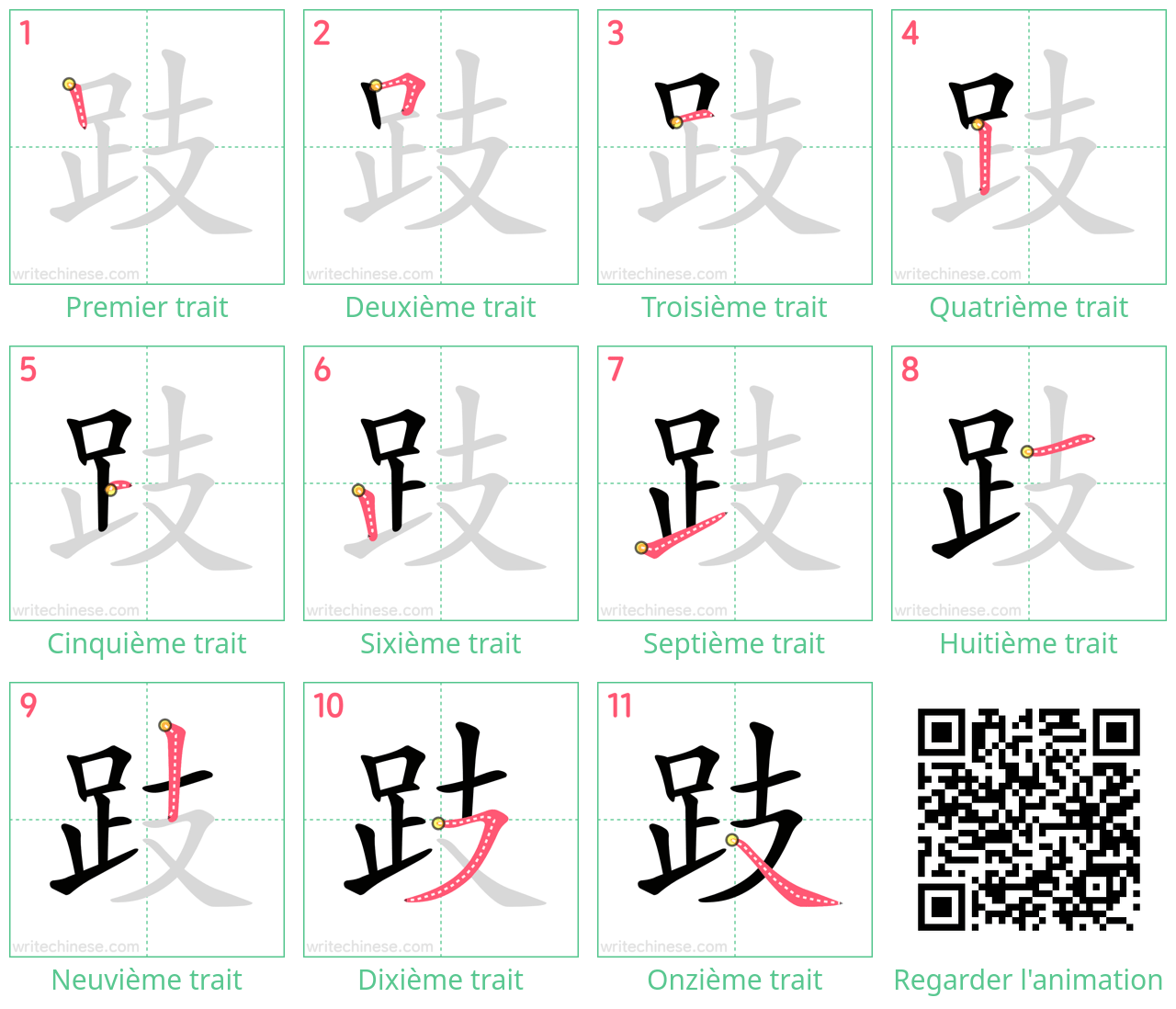 Diagrammes d'ordre des traits étape par étape pour le caractère 跂