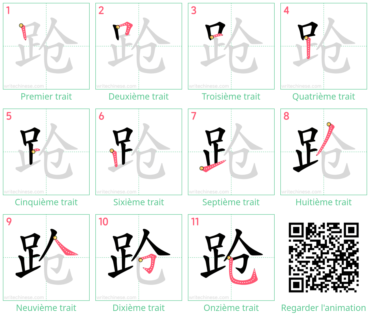 Diagrammes d'ordre des traits étape par étape pour le caractère 跄