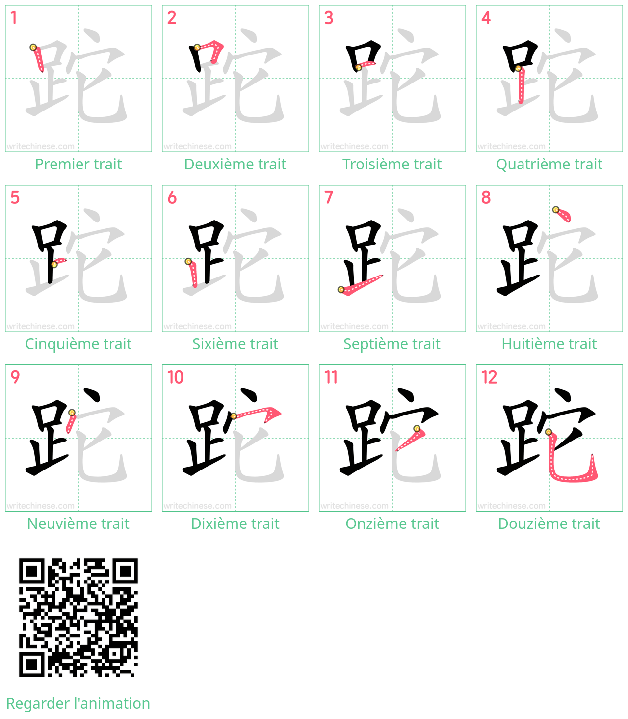 Diagrammes d'ordre des traits étape par étape pour le caractère 跎