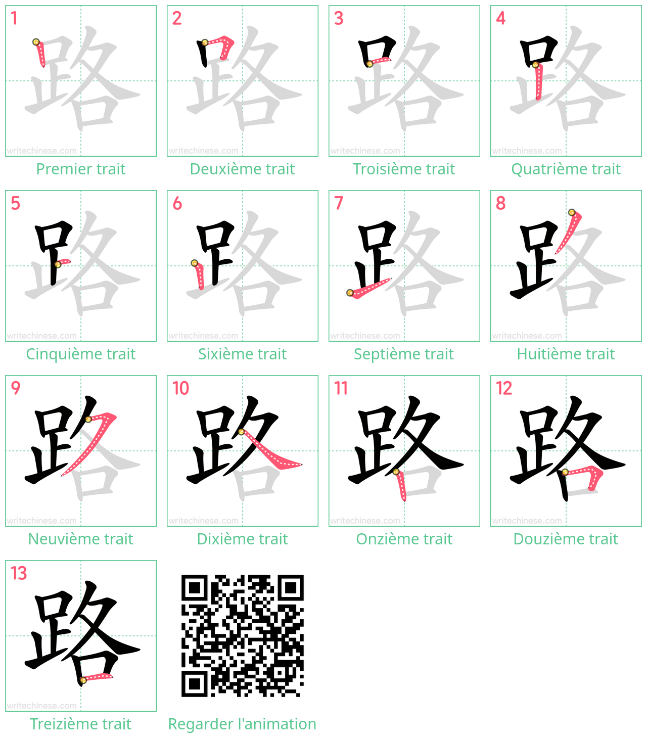 Diagrammes d'ordre des traits étape par étape pour le caractère 路