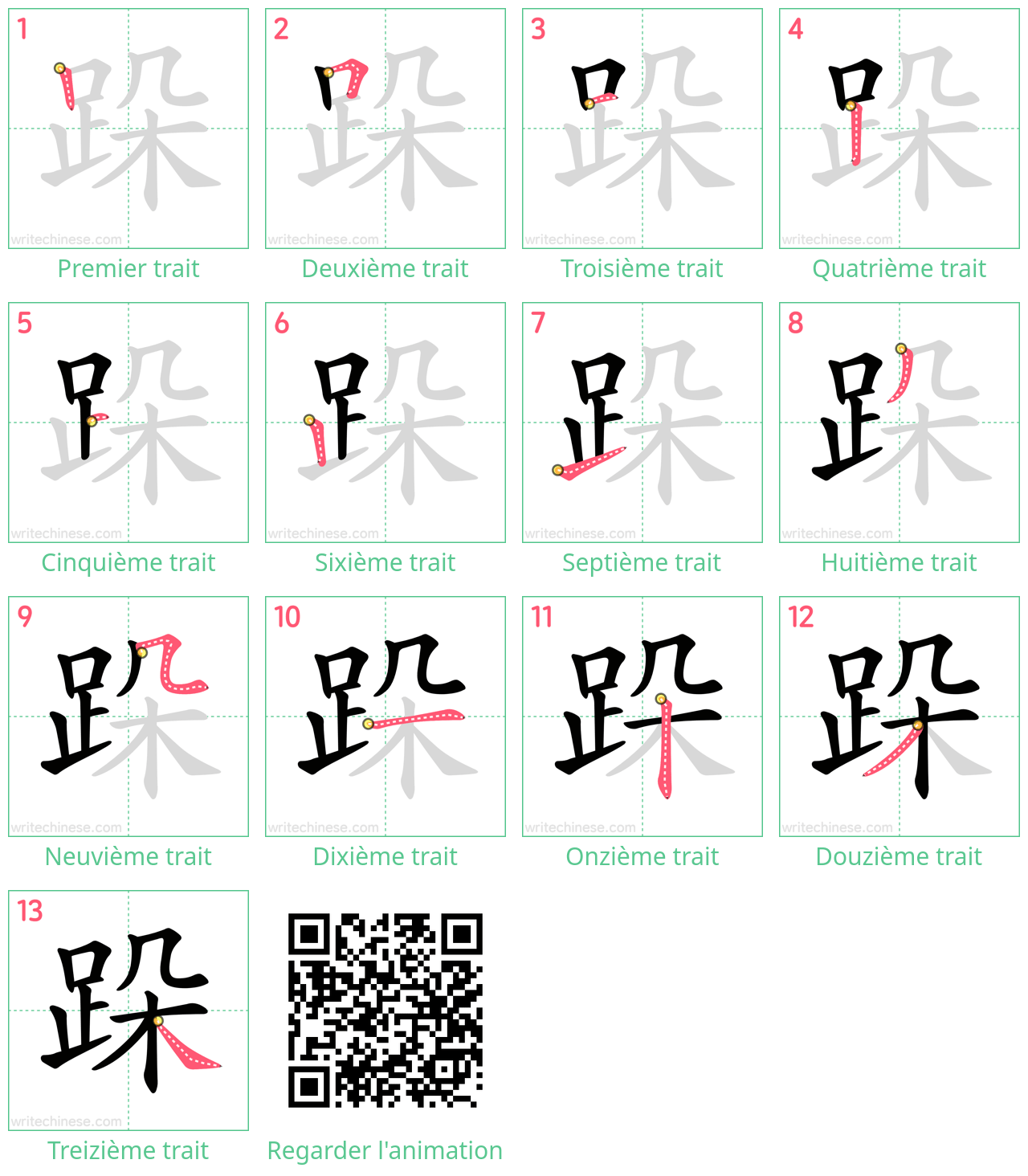 Diagrammes d'ordre des traits étape par étape pour le caractère 跺