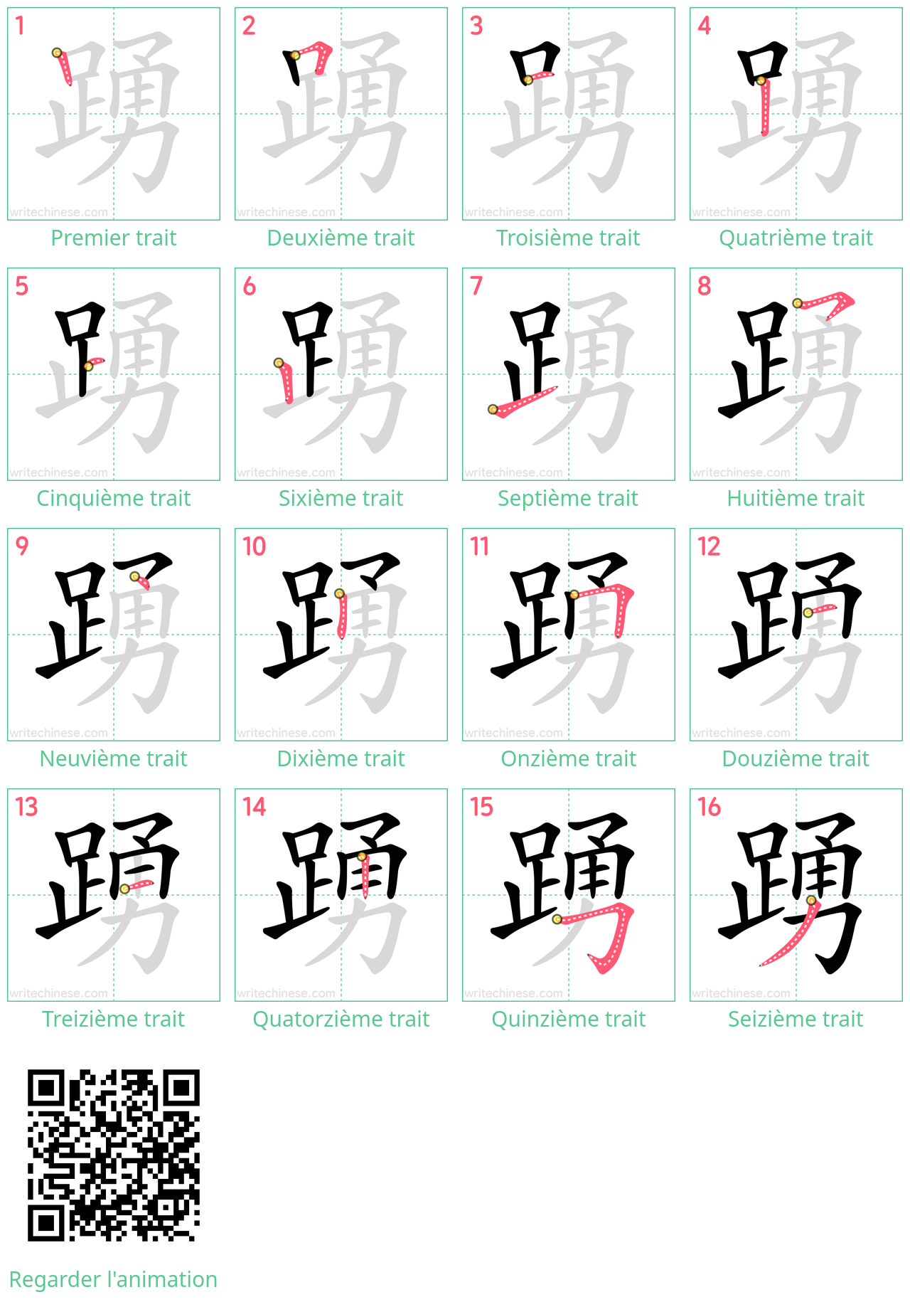 Diagrammes d'ordre des traits étape par étape pour le caractère 踴