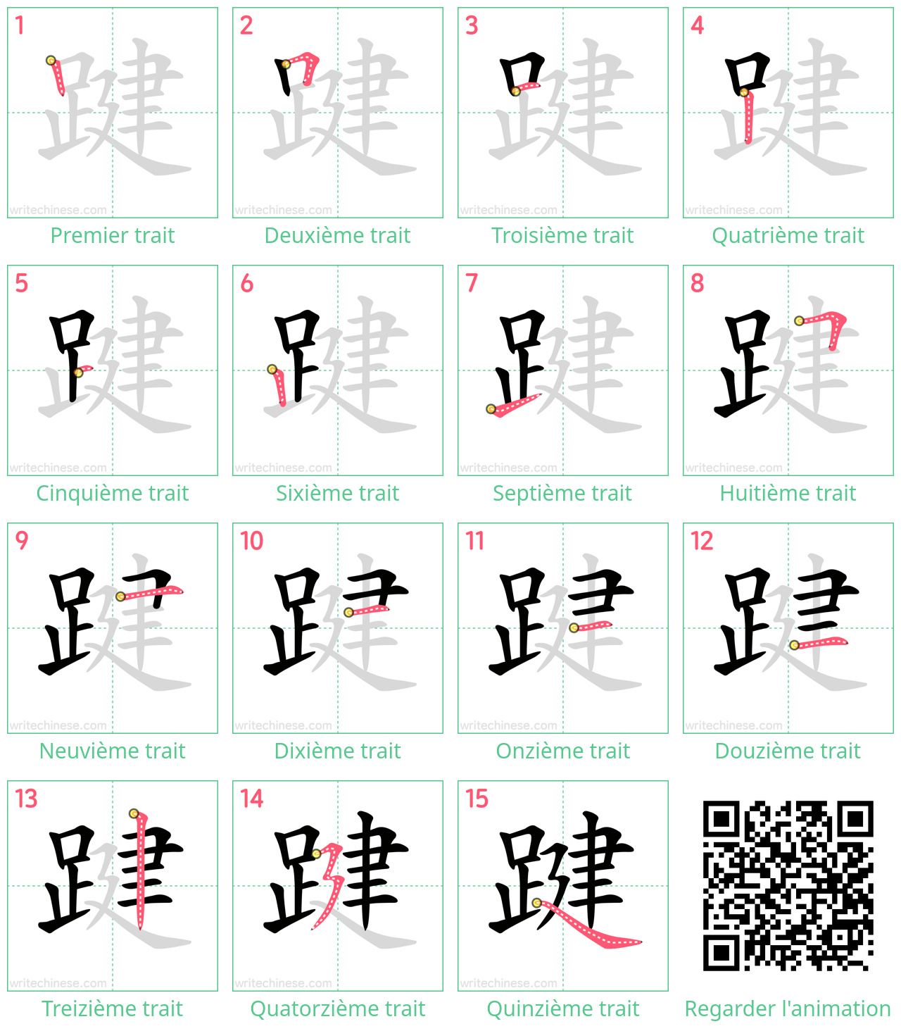 Diagrammes d'ordre des traits étape par étape pour le caractère 踺