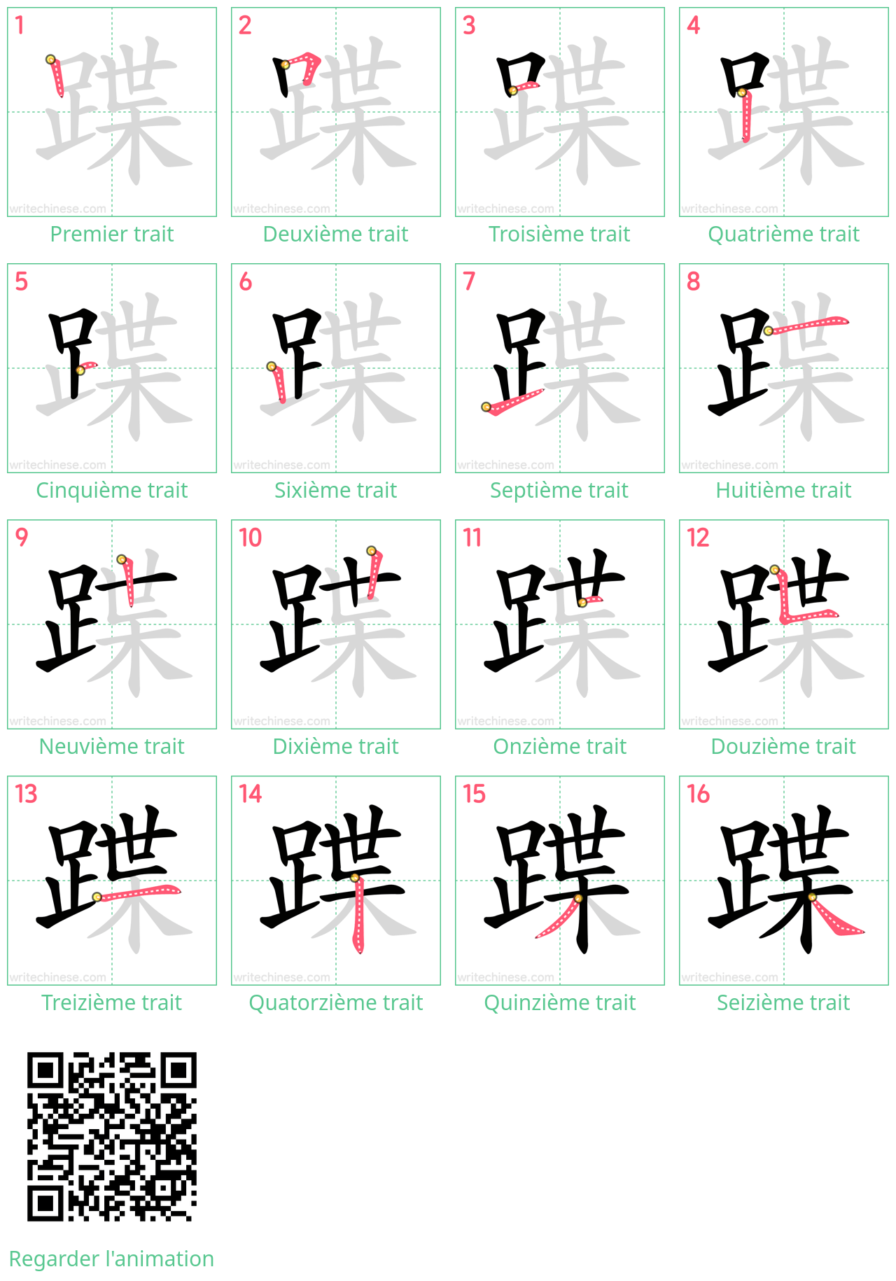 Diagrammes d'ordre des traits étape par étape pour le caractère 蹀