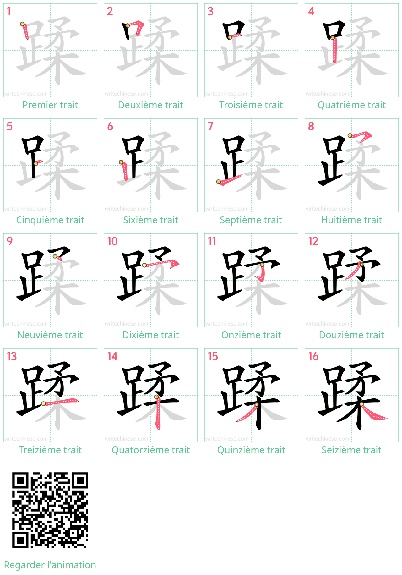 Diagrammes d'ordre des traits étape par étape pour le caractère 蹂