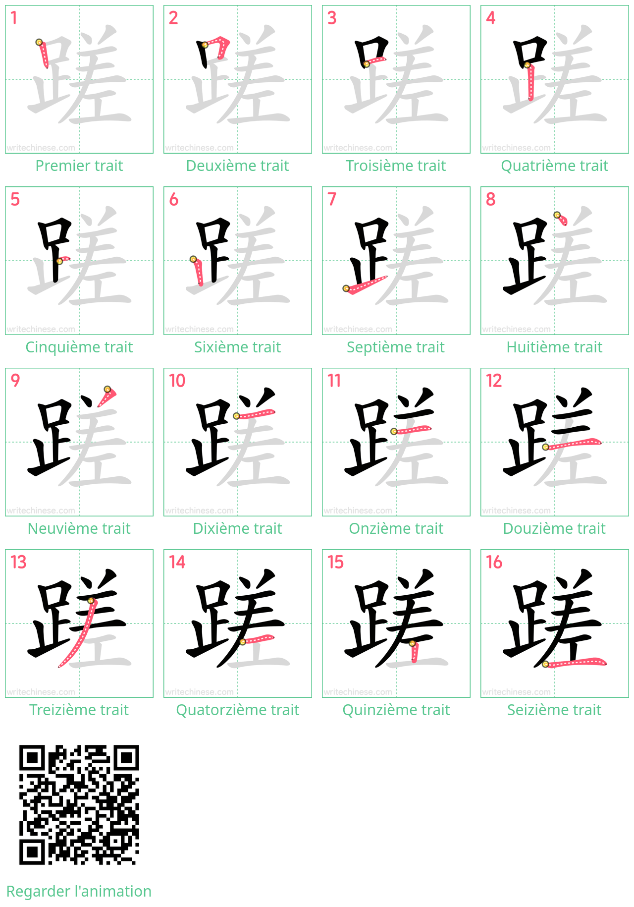 Diagrammes d'ordre des traits étape par étape pour le caractère 蹉