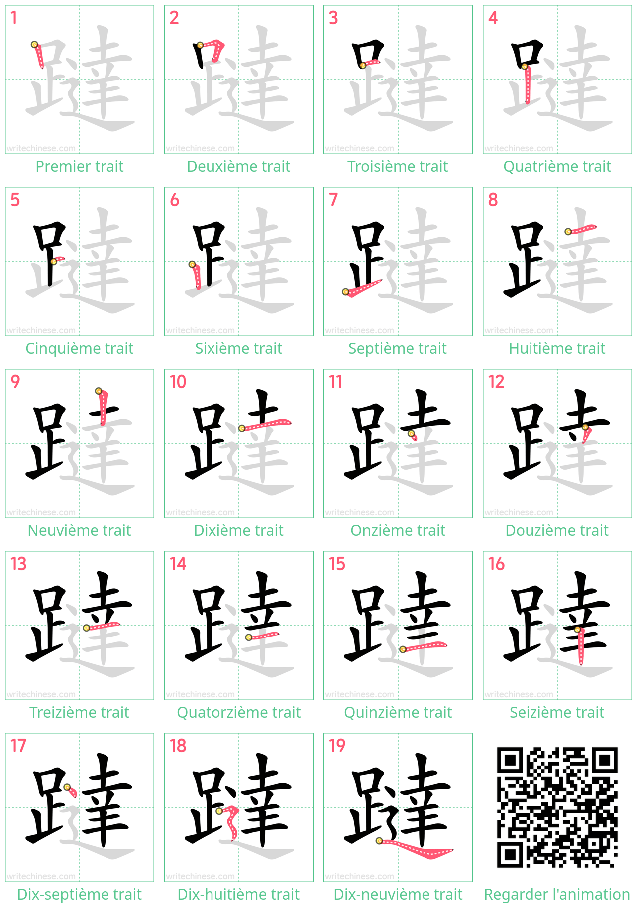 Diagrammes d'ordre des traits étape par étape pour le caractère 躂