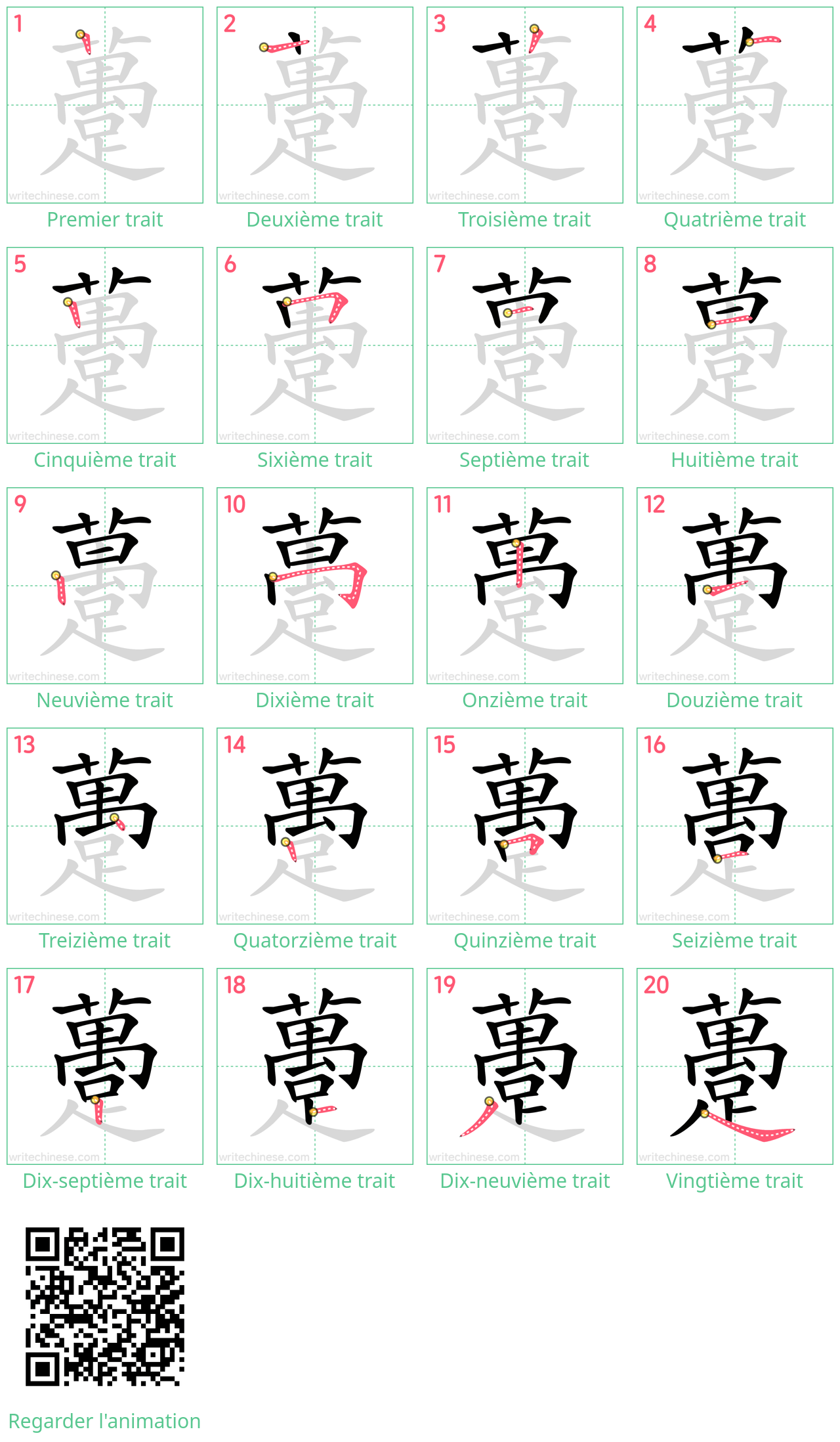 Diagrammes d'ordre des traits étape par étape pour le caractère 躉