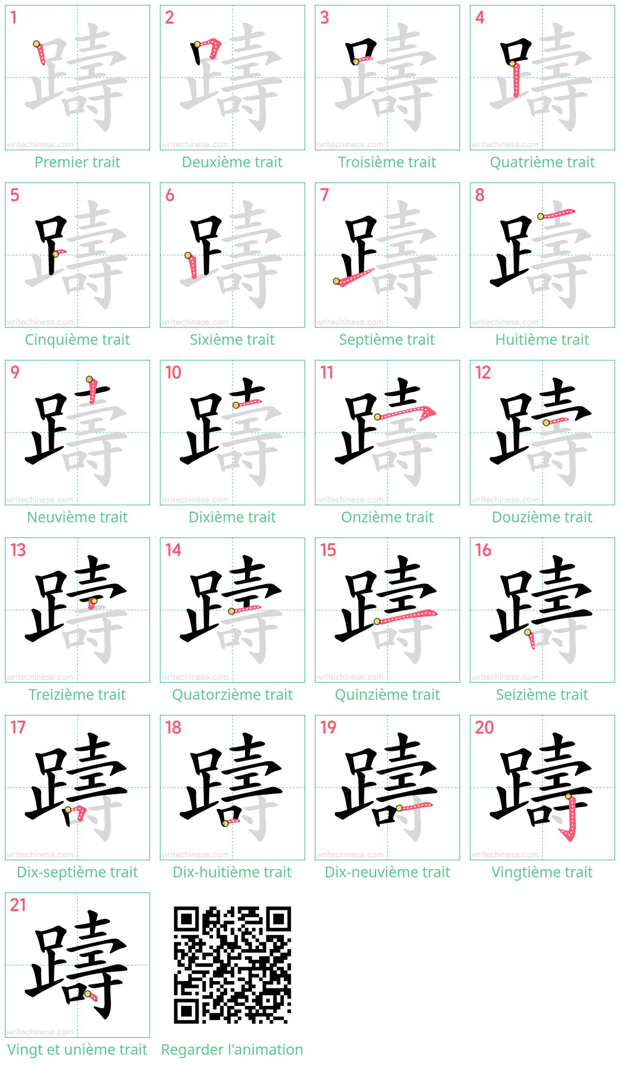 Diagrammes d'ordre des traits étape par étape pour le caractère 躊